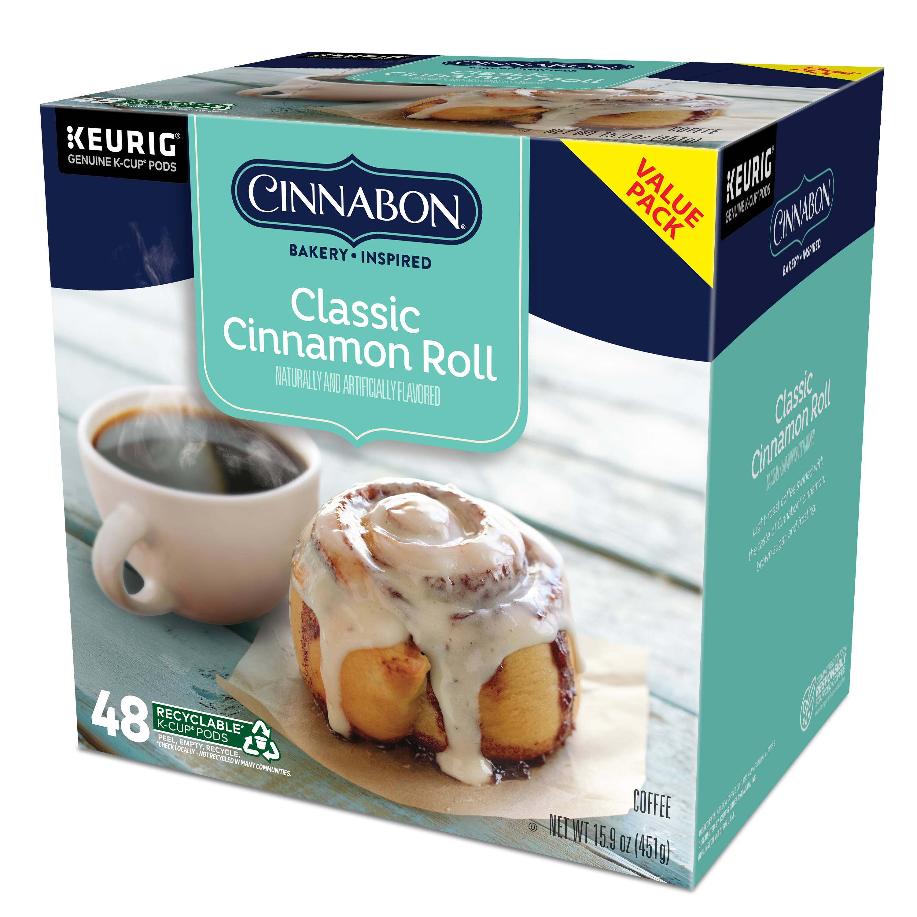 KEURIG GENUINE K-CUP PODS CINNABON. BAKERY INSPIRED Classic Cinnamon Roll NATURALLY AND ARTIFICIALLY FLAVORED 48 RECYCLABLE PEEL SMPTY EA - RECYCLE IN COMMUNITIES COFFEE NET WT 15.9 OZ (451g)