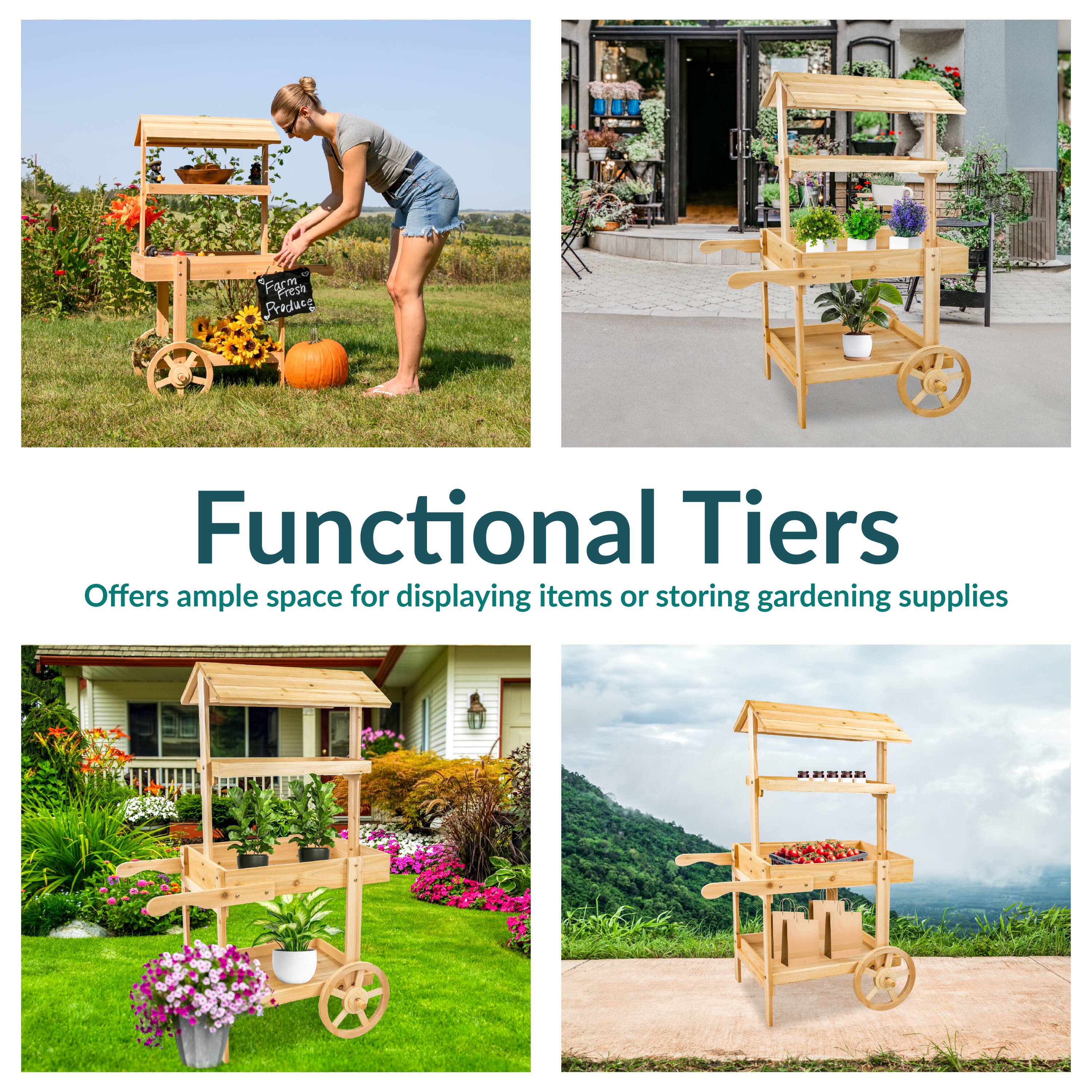 Functional Tiers  
Offers ample space for displaying items or storing gardening supplies