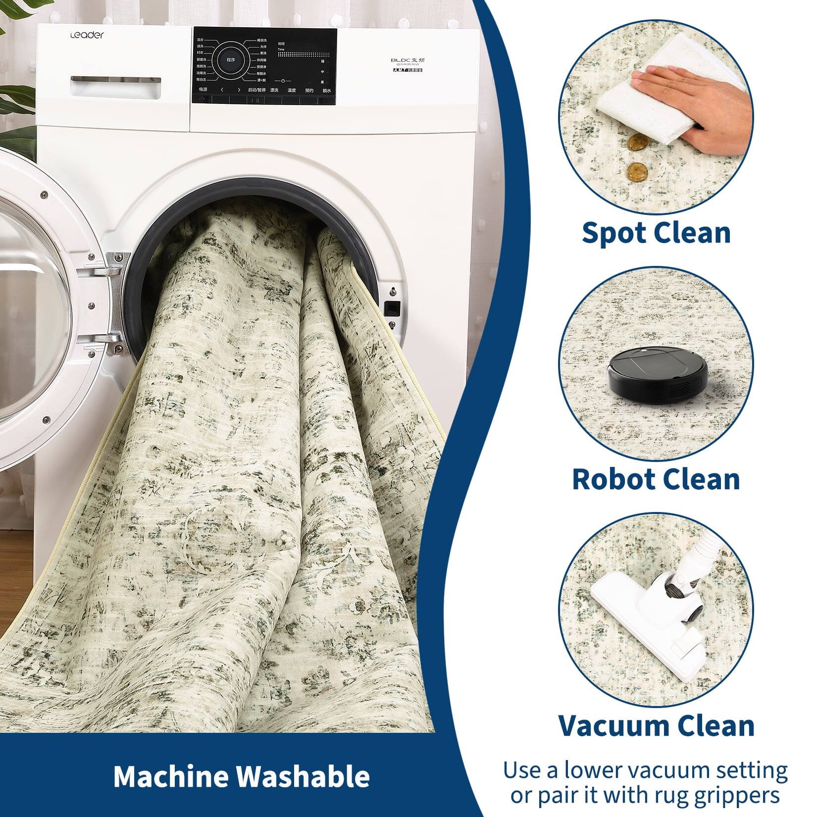 Leader

Machine Washable

Spot Clean

Robot Clean

Vacuum Clean

Use a lower vacuum setting or pair it with rug grippers