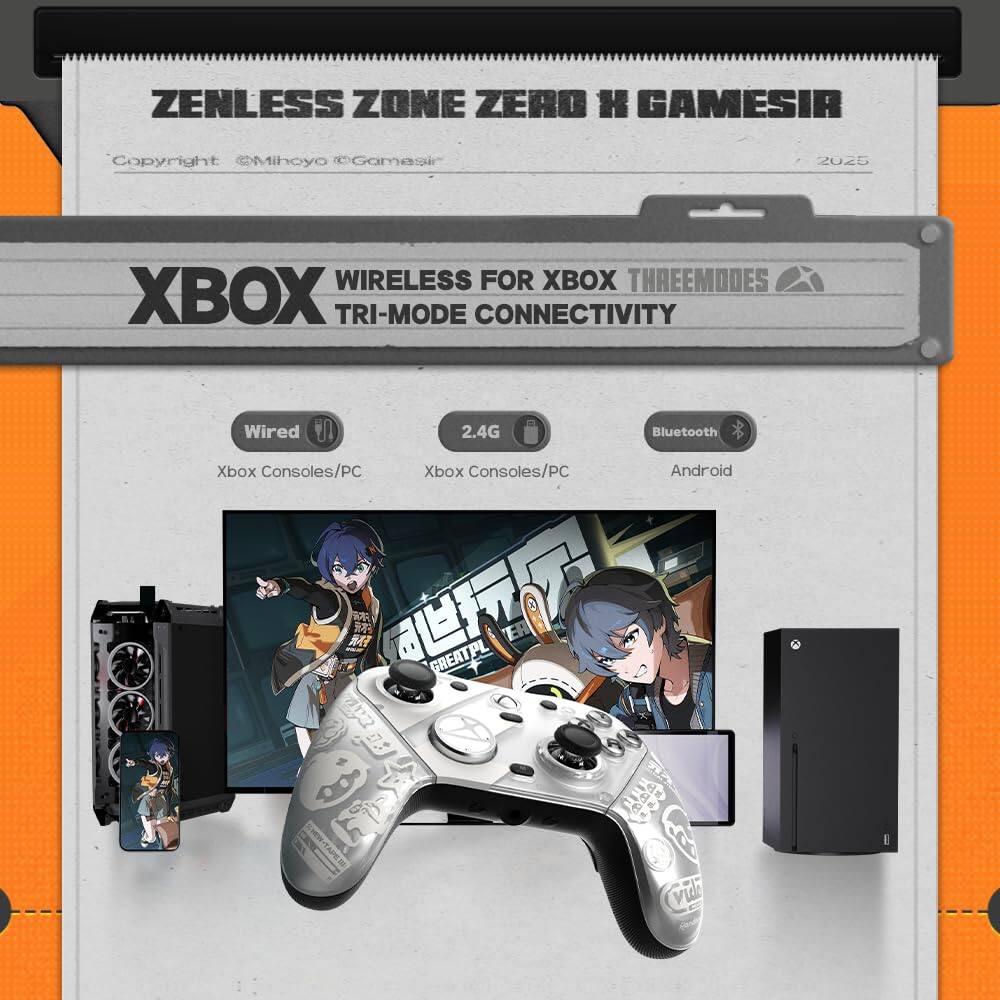 ZENLESS ZONE ZERO H GAMESIR  
Copyright Mihoyo eGameair 2025  
WIRELESS FOR XBOX TRI-MODE CONNECTIVITY  
Wired  
2.4G  
Bluetooth  
Xbox Consoles/PC  
Xbox Consoles/PC  
Android  
GREATPL