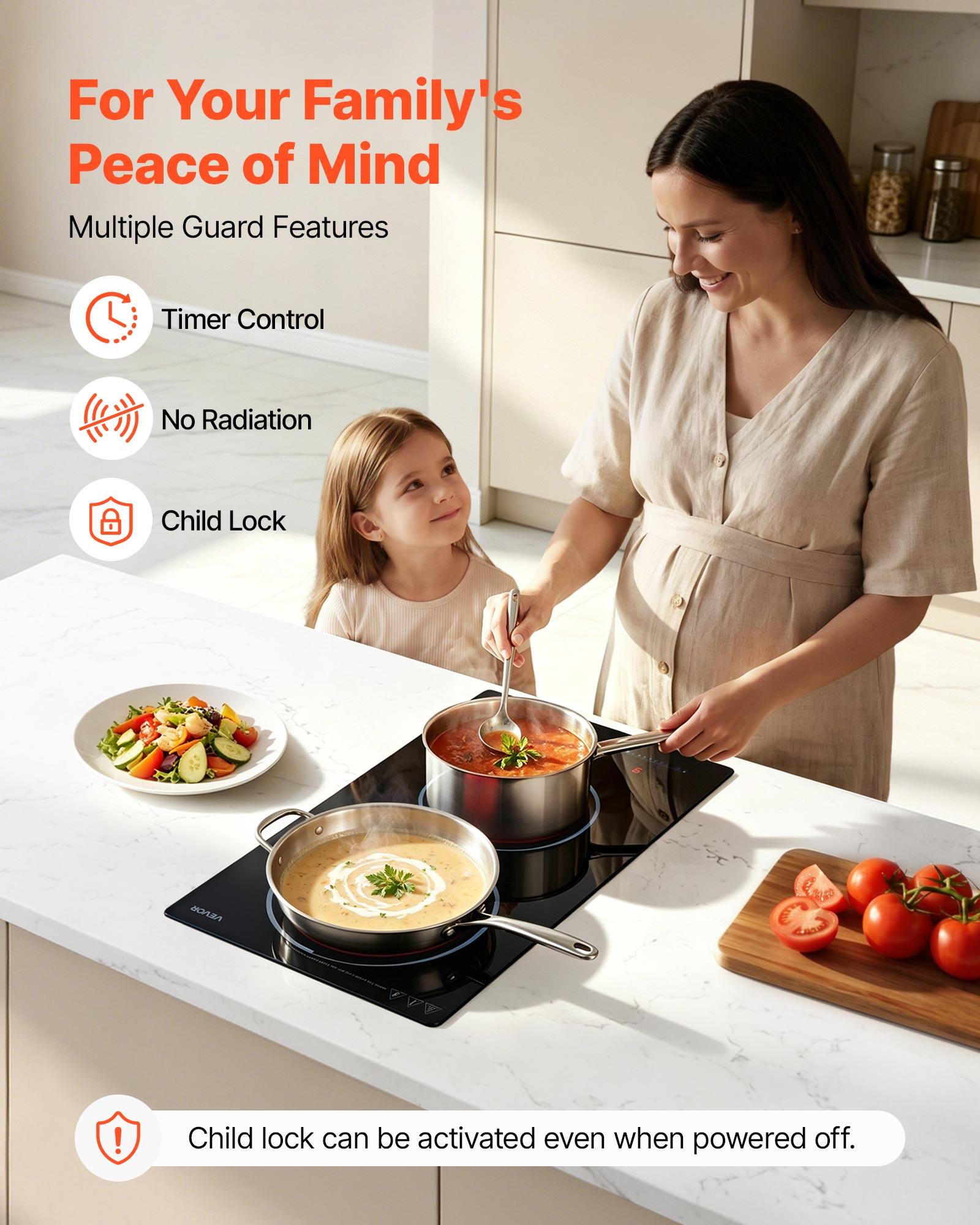 For Your Family's Peace of Mind  
Multiple Guard Features  
Timer Control  
No Radiation  
Child Lock  

Child lock can be activated even when powered off.