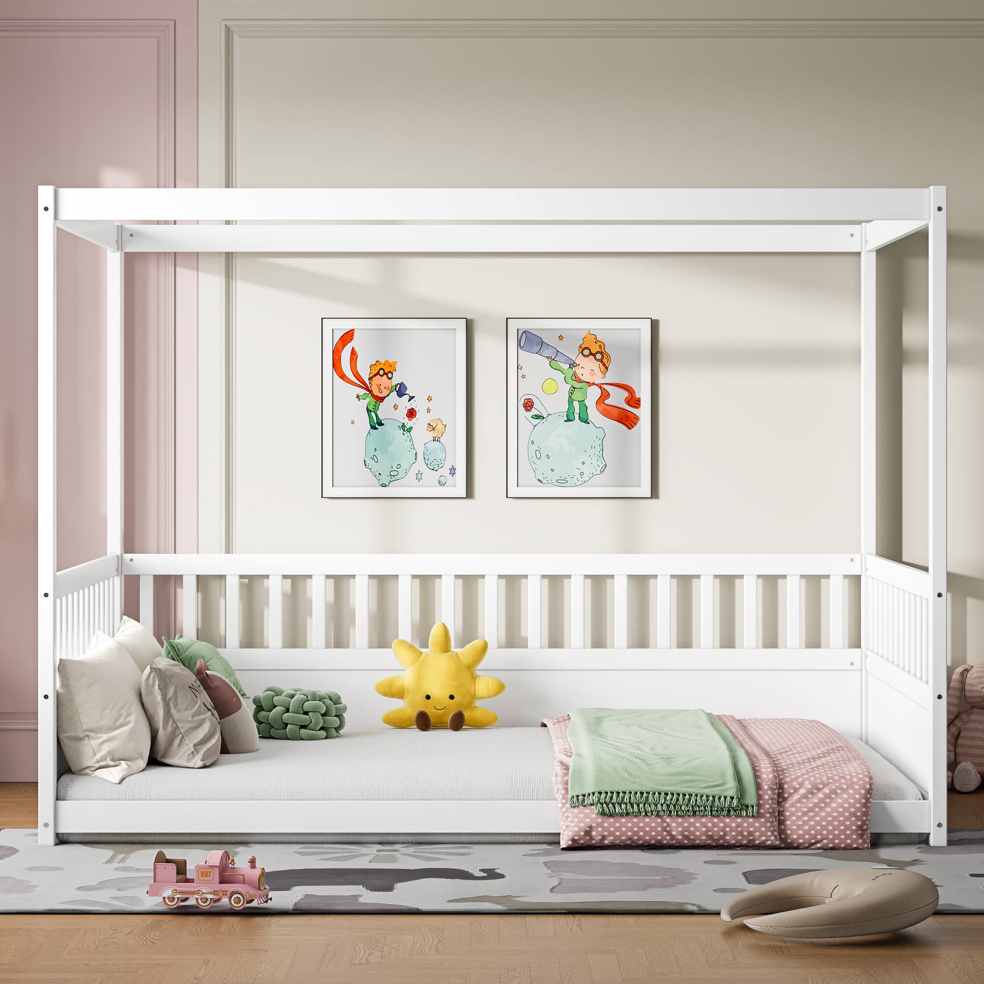 GOODSILO - Full Size Canopy Bed Frame with Guardrails, Kids Montessori Floor Bed, Wood Four Poster Bed for Girls Boys - White