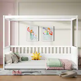 GOODSILO - Full Size Canopy Bed Frame with Guardrails, Kids Montessori Floor Bed, Wood Four Poster Bed for Girls Boys - White