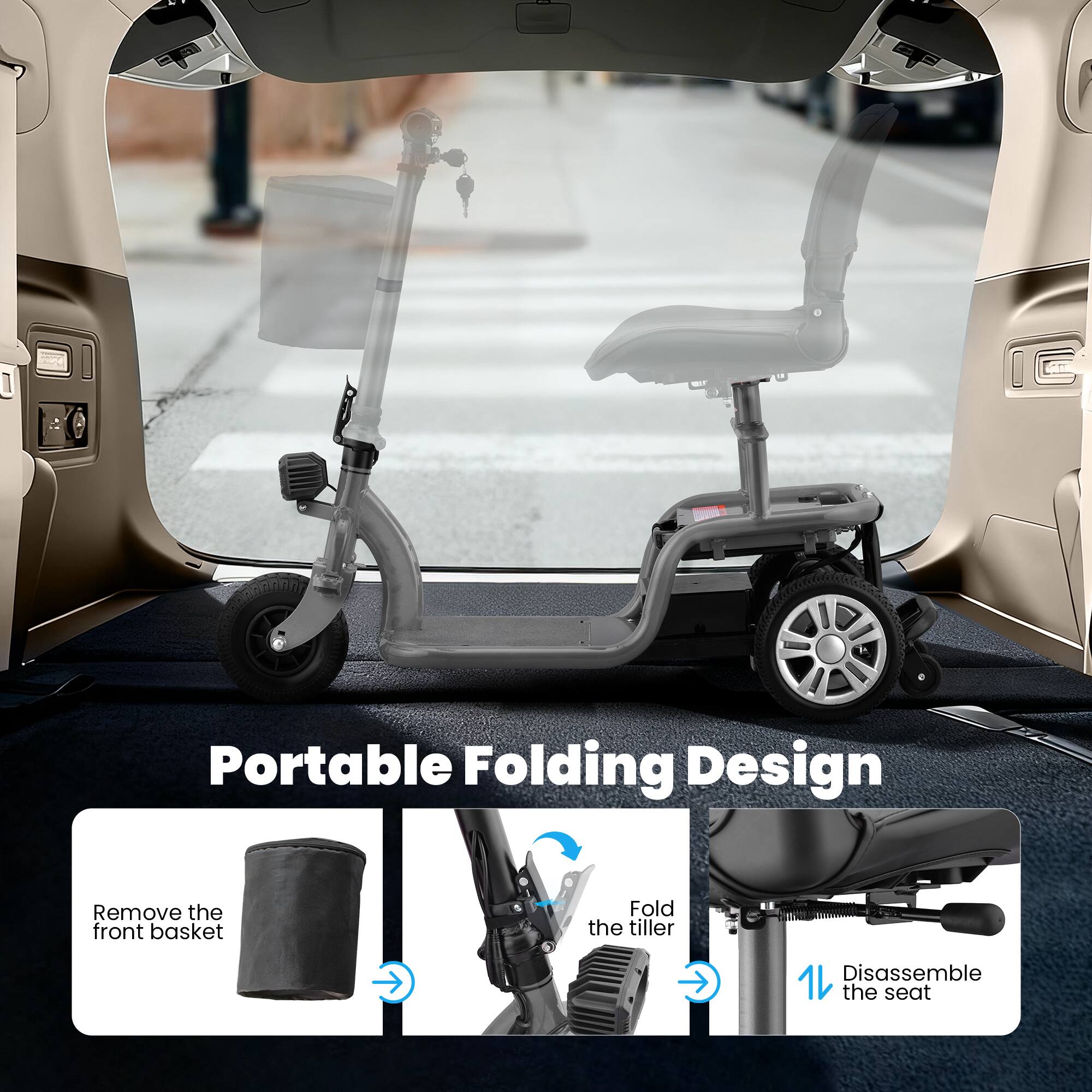 Portable Folding Design

- Remove the front basket
- Fold the tiller
- Disassemble the seat