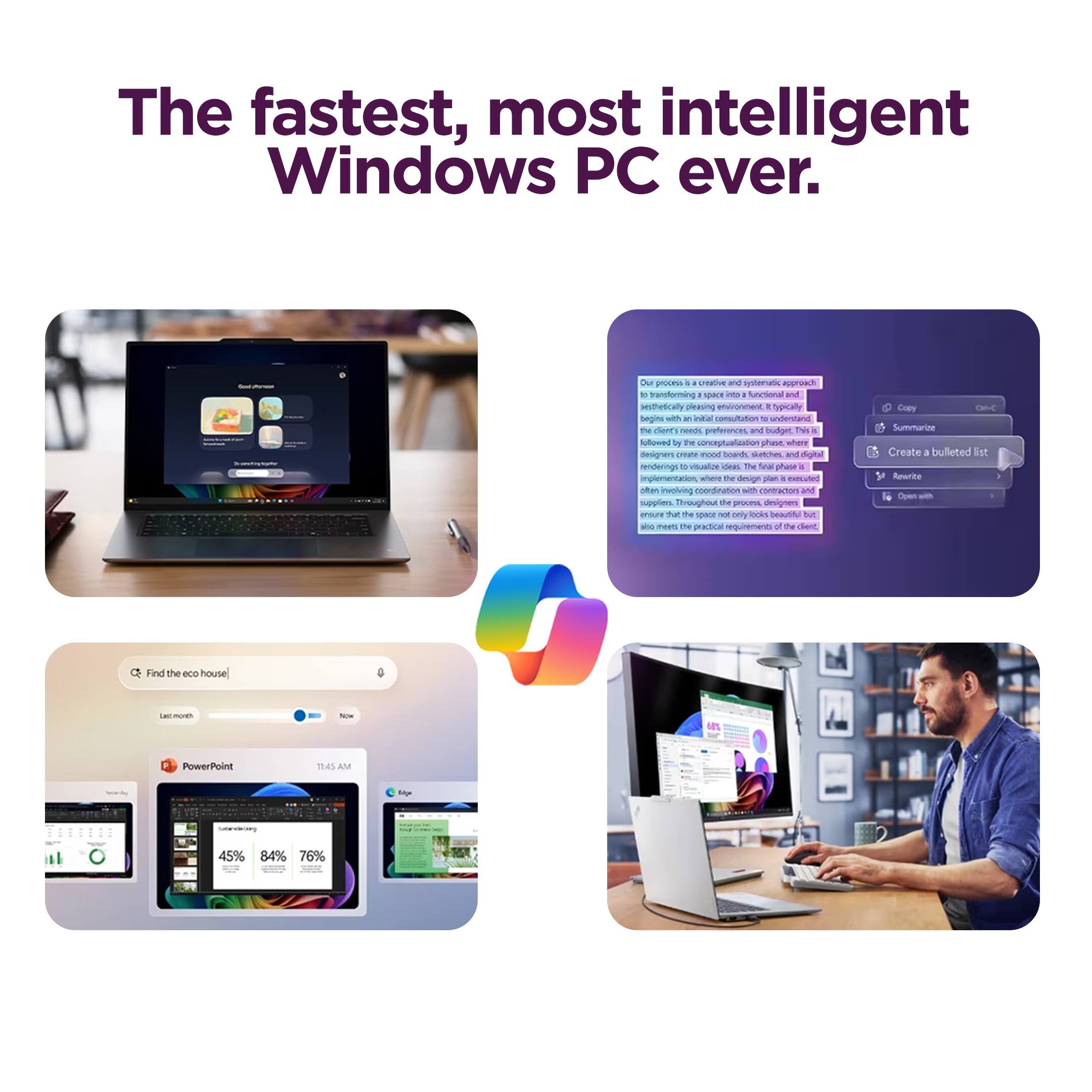 The fastest, most intelligent Windows PC ever.

Our process is a creative and systematic approach to transforming a space into a functional and aesthetically pleasing environment. It typically begins with an initial consultation to understand the client's needs, preferences, and budget. This is followed by the conceptualization phase where designers create mood boards, sketches, and digital renderings to visualize ideas. The final phase is implementation, where the design is brought to life, often involving coordination with contractors and suppliers. Throughout the process, designers ensure that the space not only looks beautiful but also meets the practical needs of the client.

- Create a bulleted list
- Find the eco house
- 45% 84% 76%