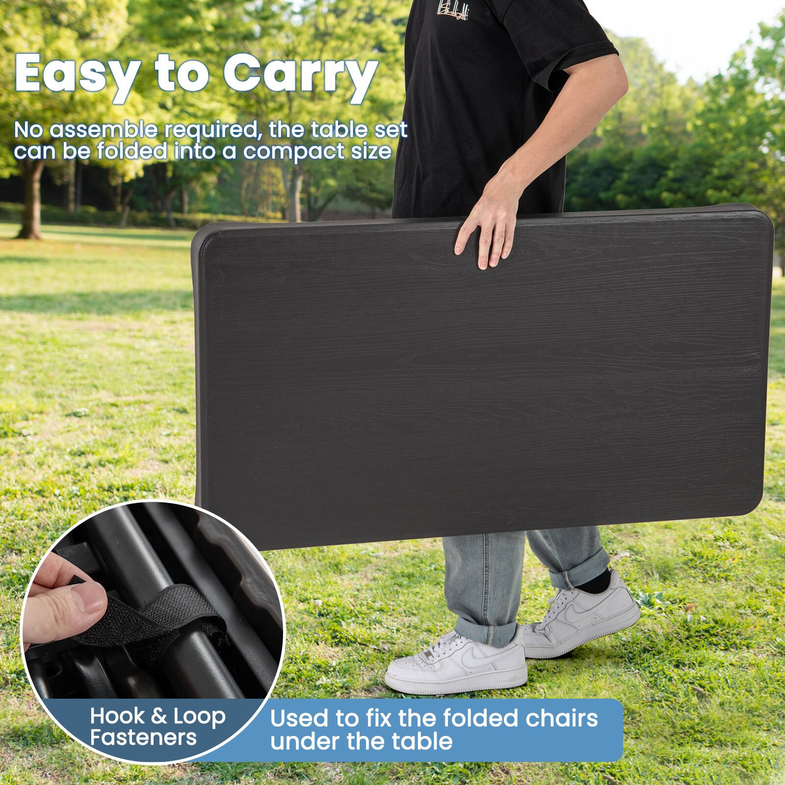 Easy to Carry

No assemble required, the table set can be folded into a compact size

Hook & Loop Fasteners

Used to fix the folded chairs under the table