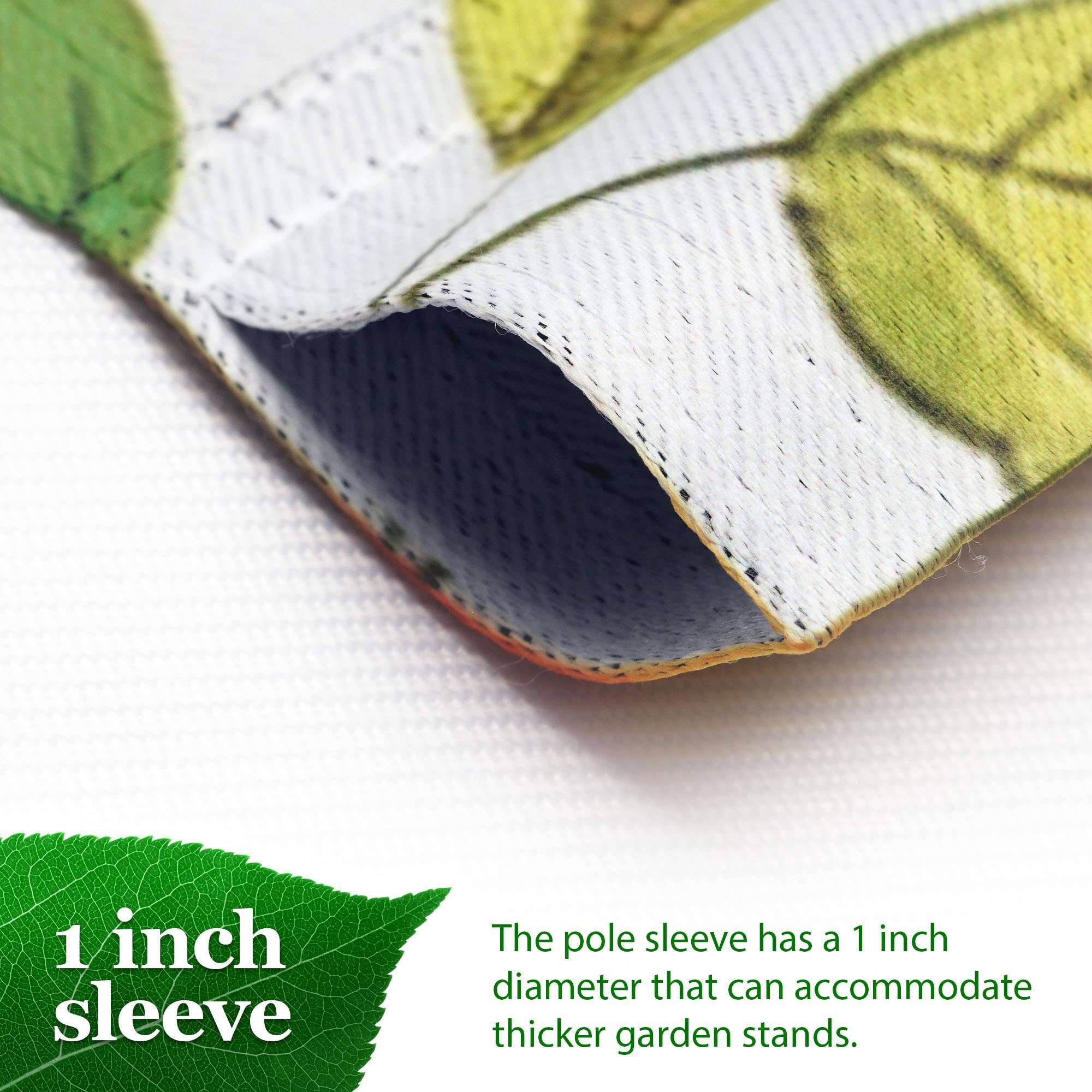 1 inch sleeve

The pole sleeve has a 1 inch diameter that can accommodate thicker garden stands.