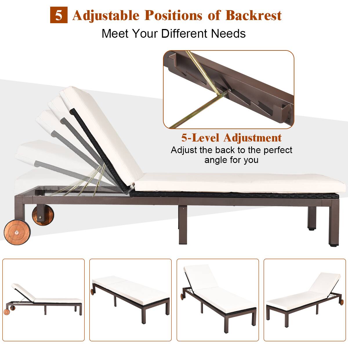 The text on the image is already grouped and correctly written. It reads: "5 Adjustable Positions of Backrest Meet Your Different Needs 5-Level Adjustment Adjust the back to the perfect angle for you."