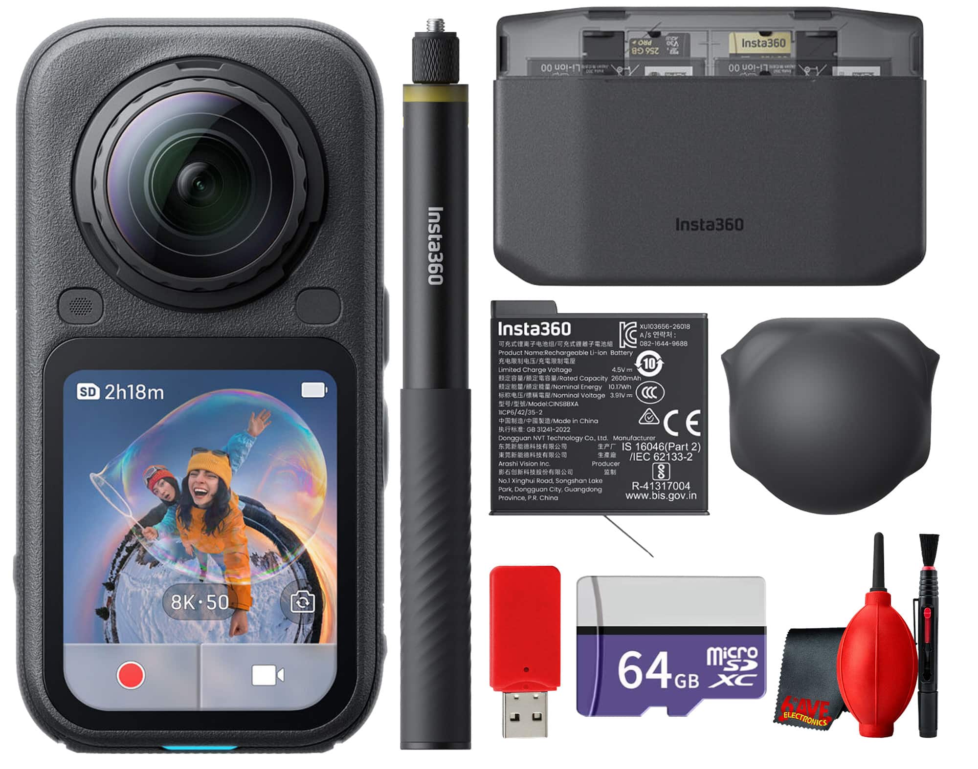 Insta360 - X6 360° 8K Action Camera (Black) 1/1.1" AI Sensor, FlowState Stabilization, 66' Waterproof Bundle - Midnight Black