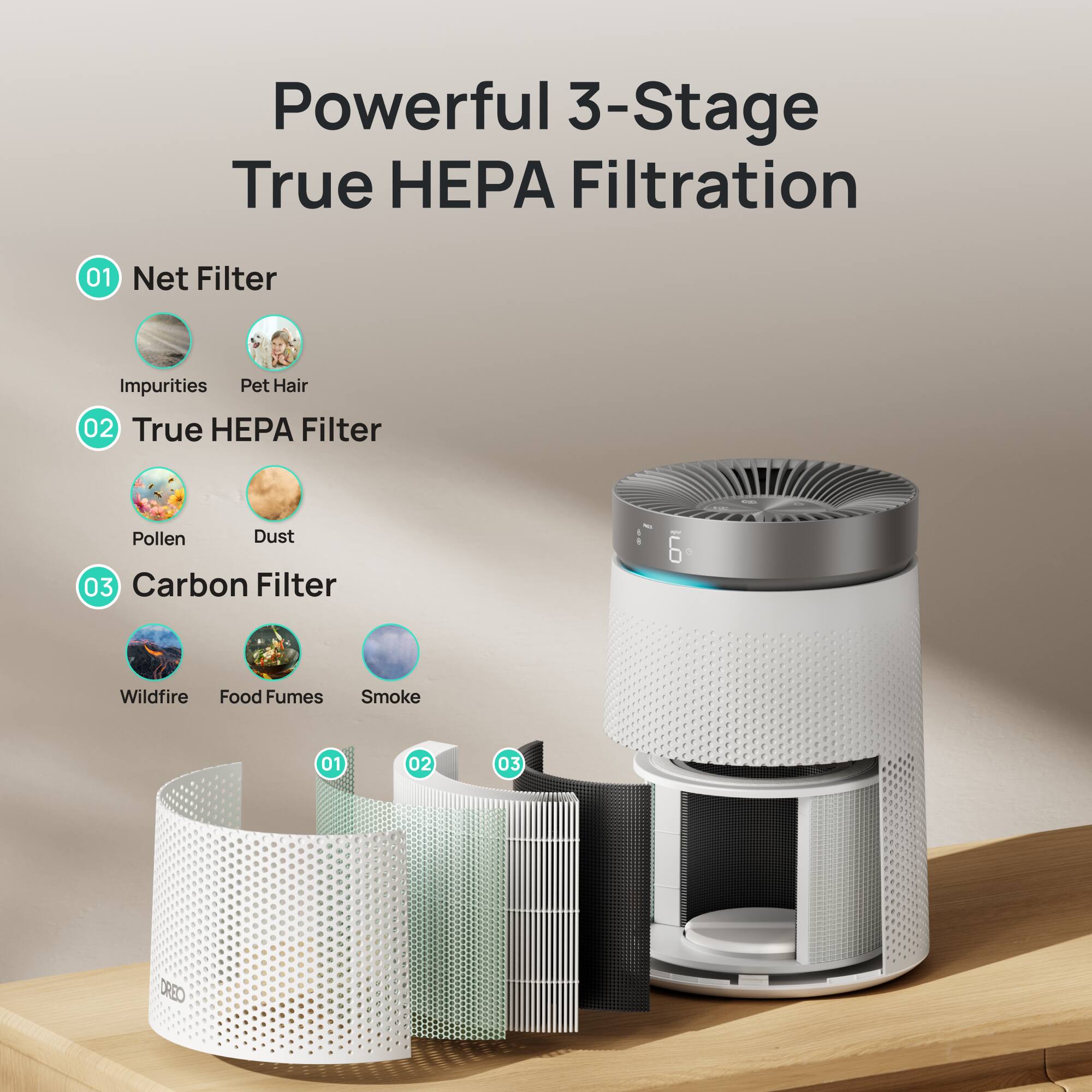 Powerful 3-Stage True HEPA Filtration

01 Net Filter
- Impurities
- Pet Hair

02 True HEPA Filter
- Pollen
- Dust

03 Carbon Filter
- Wildfire
- Food Fumes
- Smoke