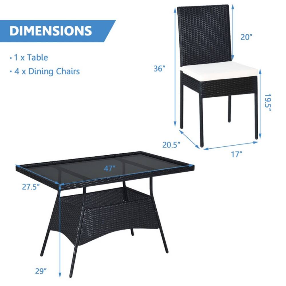 DIMENSIONS  
- 1 x Table  
- 4 x Dining Chairs  

Table:  
- Length: 47"  
- Width: 27.5"  
- Height: 29"  

Chair:  
- Seat Height: 19.5"  
- Back Height: 20"  
- Width: 20.5"  
- Depth: 17"  
- Height: 36"
