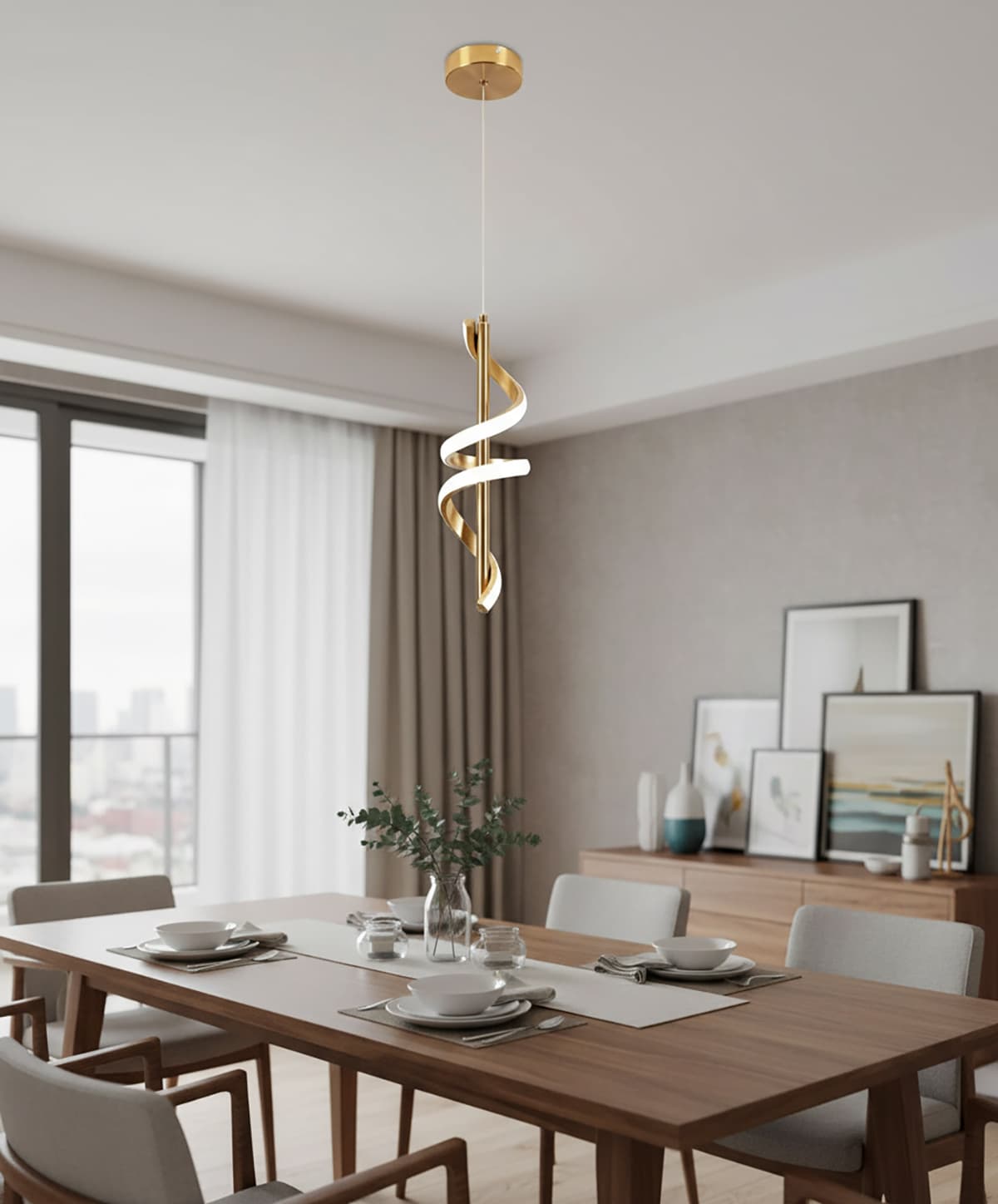 Alt View 3. FINEAK - Spiral Gold LED Pendant Light Fixtures - 5500K Cold White, Modern Adjustable Height Hanging Lights.