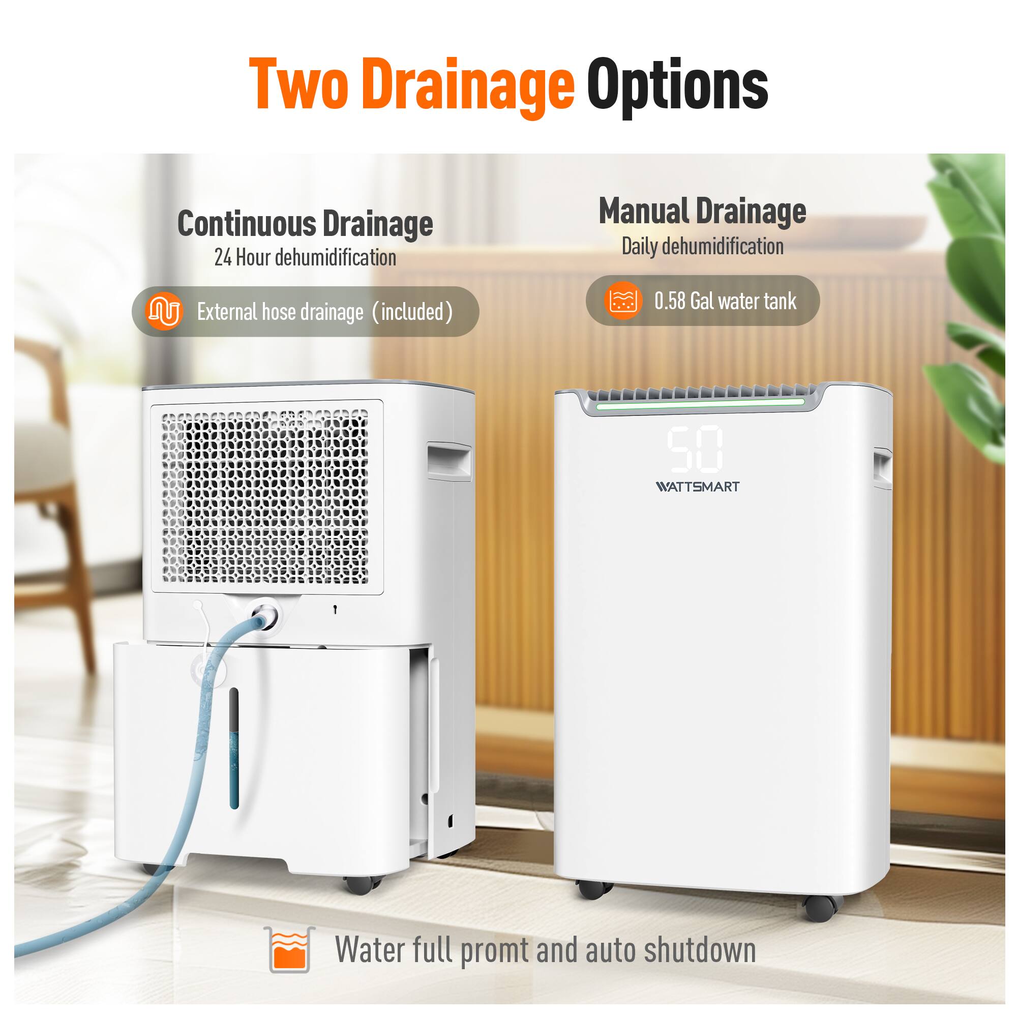 Two Drainage Options

Continuous Drainage
24 Hour dehumidification
External hose drainage (included)

Manual Drainage
Daily dehumidification
0.58 Gal water tank

WATTSMART
Water full prompt and auto shutdown