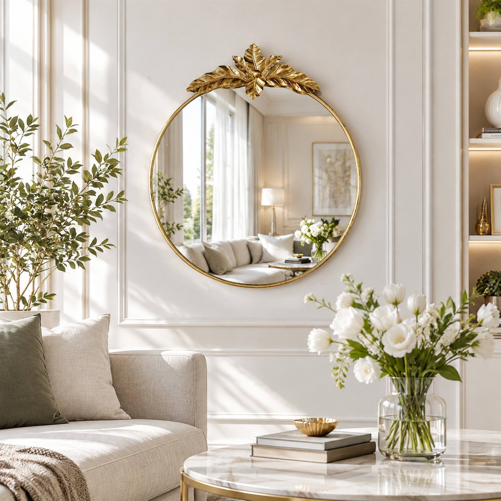 RYHNUYNE 36 in Round Wall Mirror, Metal Frame, Leaf Accents, 18.7 lbs ...