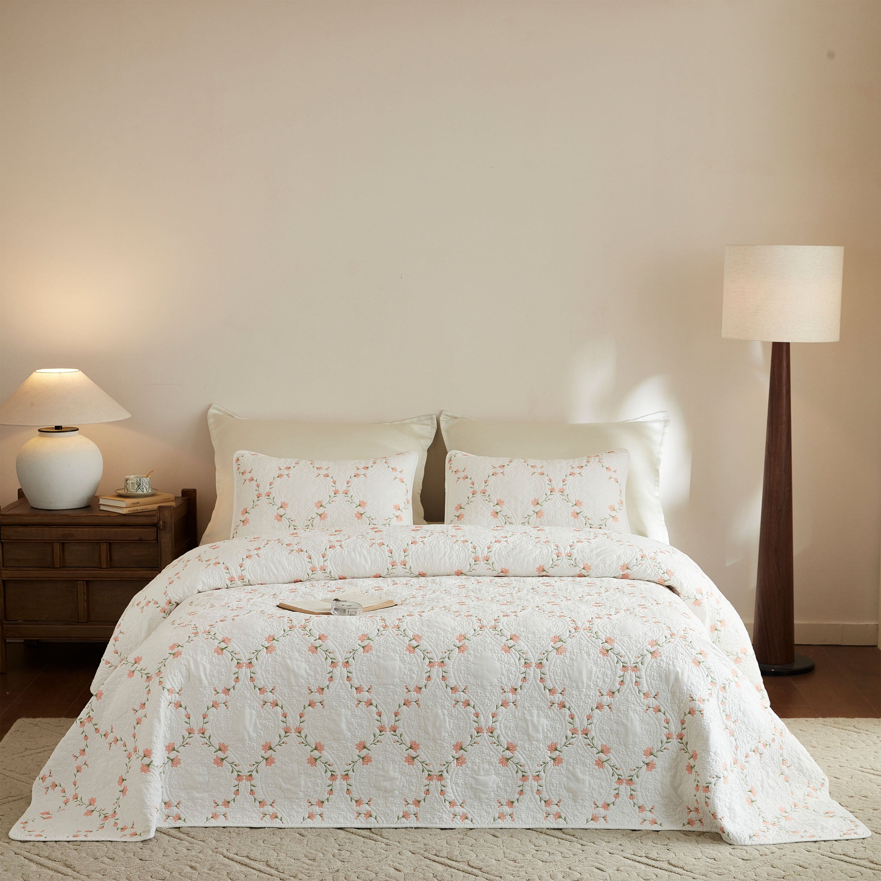 MarCielo - 3 Piece Cotton Embroidered Floral Quilt Set – Vintage Farmhouse Bedspread Set - Blush Floral price history on PriceWatchPro