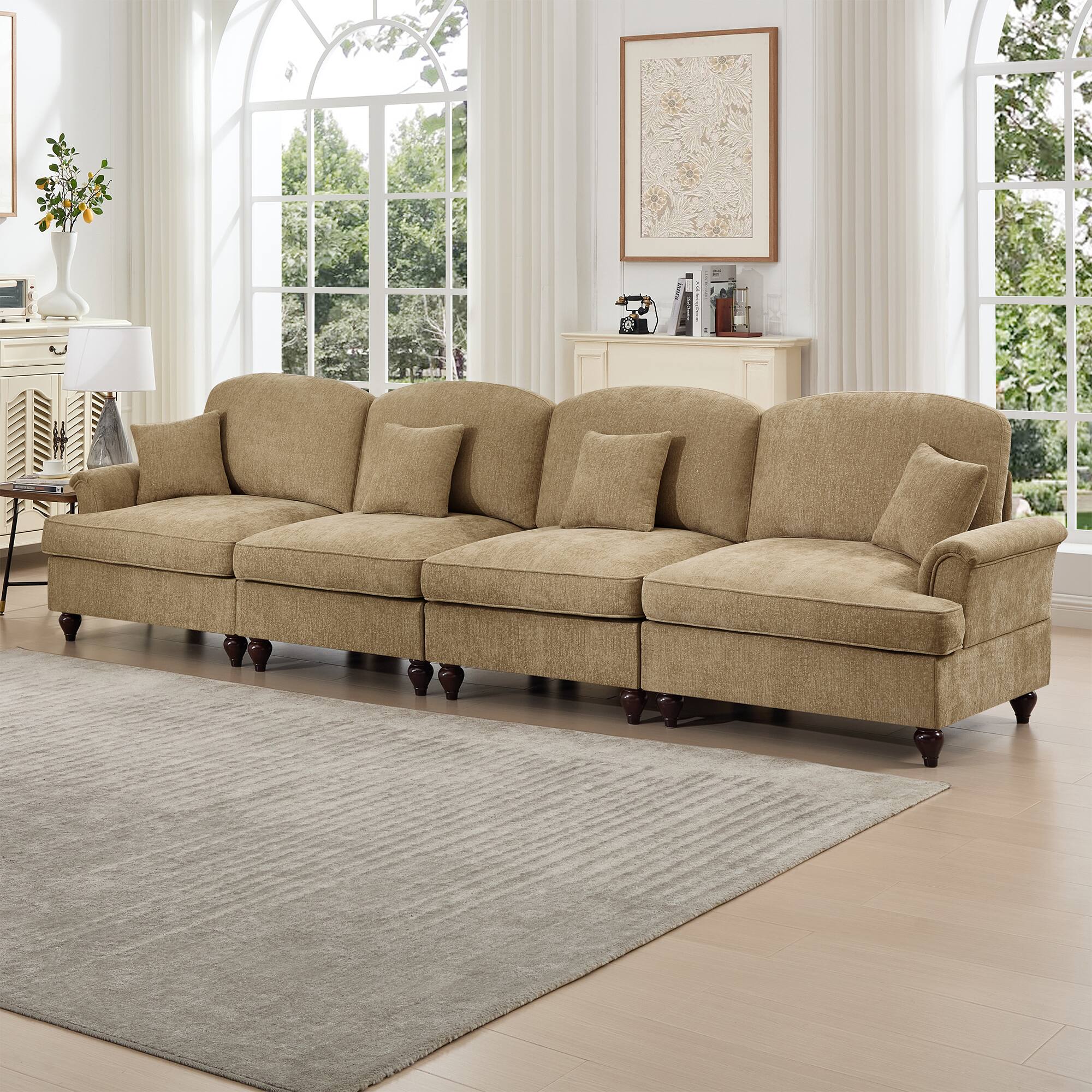 Angle. Anysun - Mid-Century Chenille 4-Seat Sofa - Flared Arms, Ruffled Skirt & Spindle Legs for Living Room - Coffee.