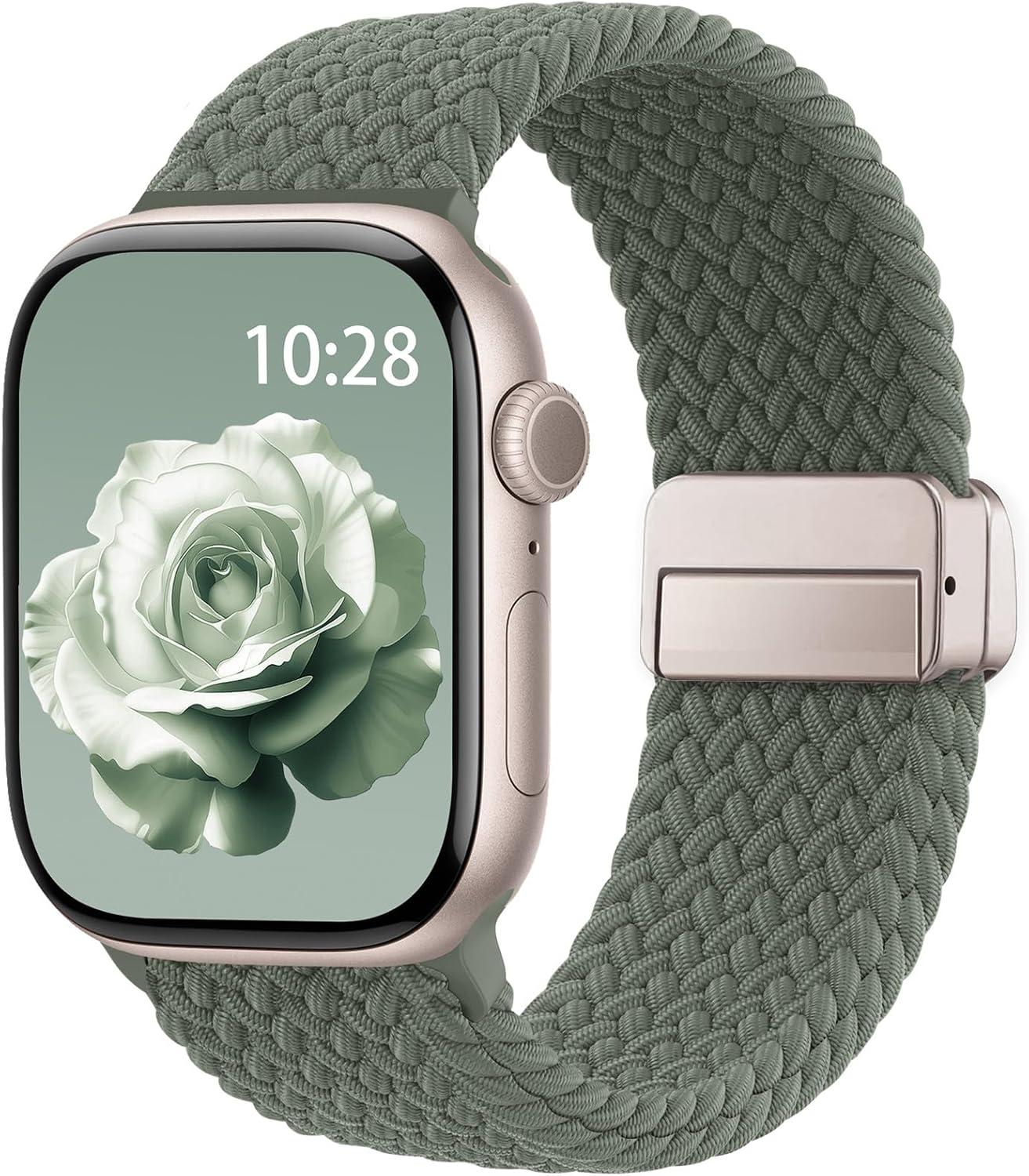 Front. Core Tech - Braided Stretchy Magnetic Watch Band for Apple Watch 38/40/41/42mm - Olive Green.