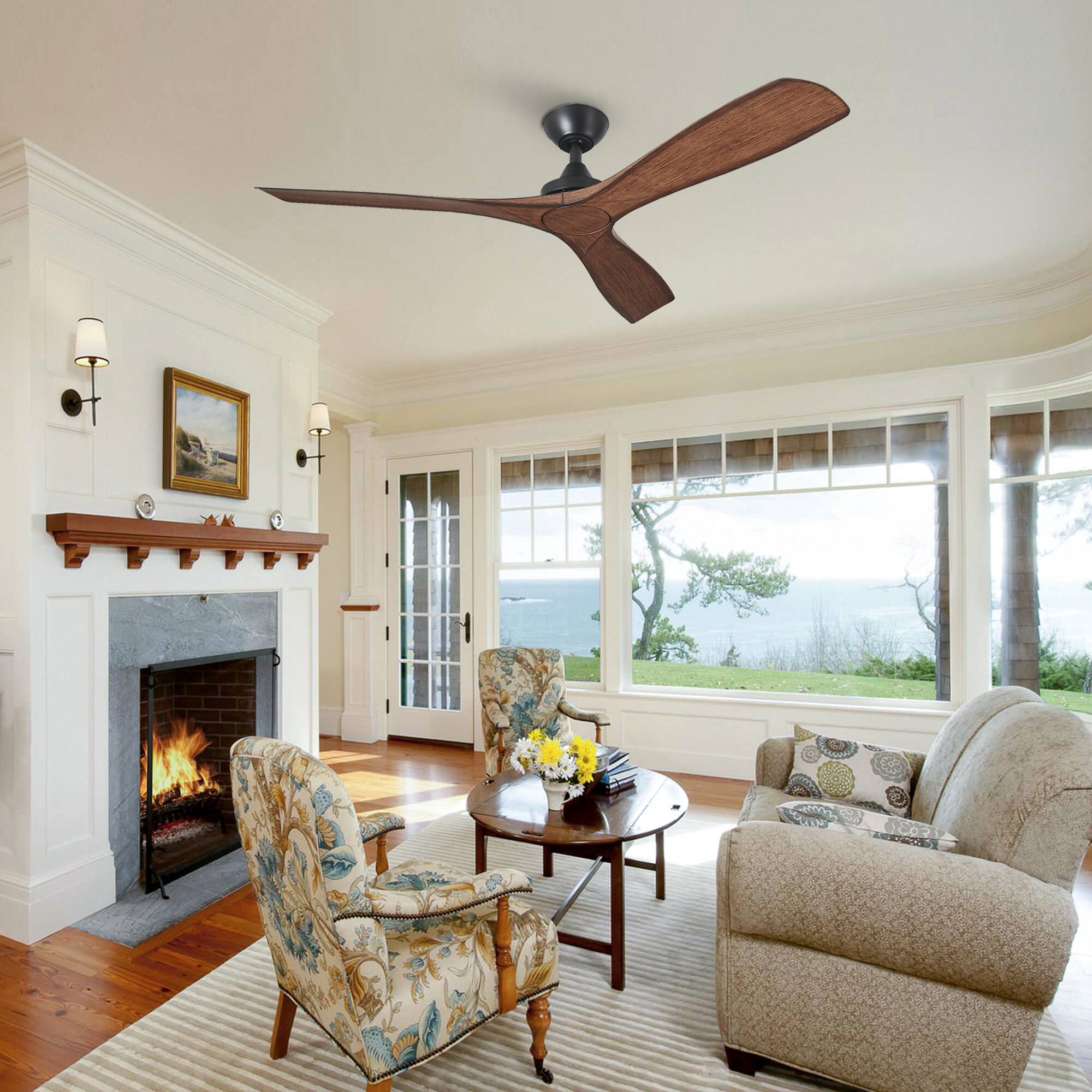 Left. Parrot Uncle - 52" Modern 3-Blade Ceiling Fan Without Light, 6-Speed Reversible DC Motor, Remote Control - Brown.
