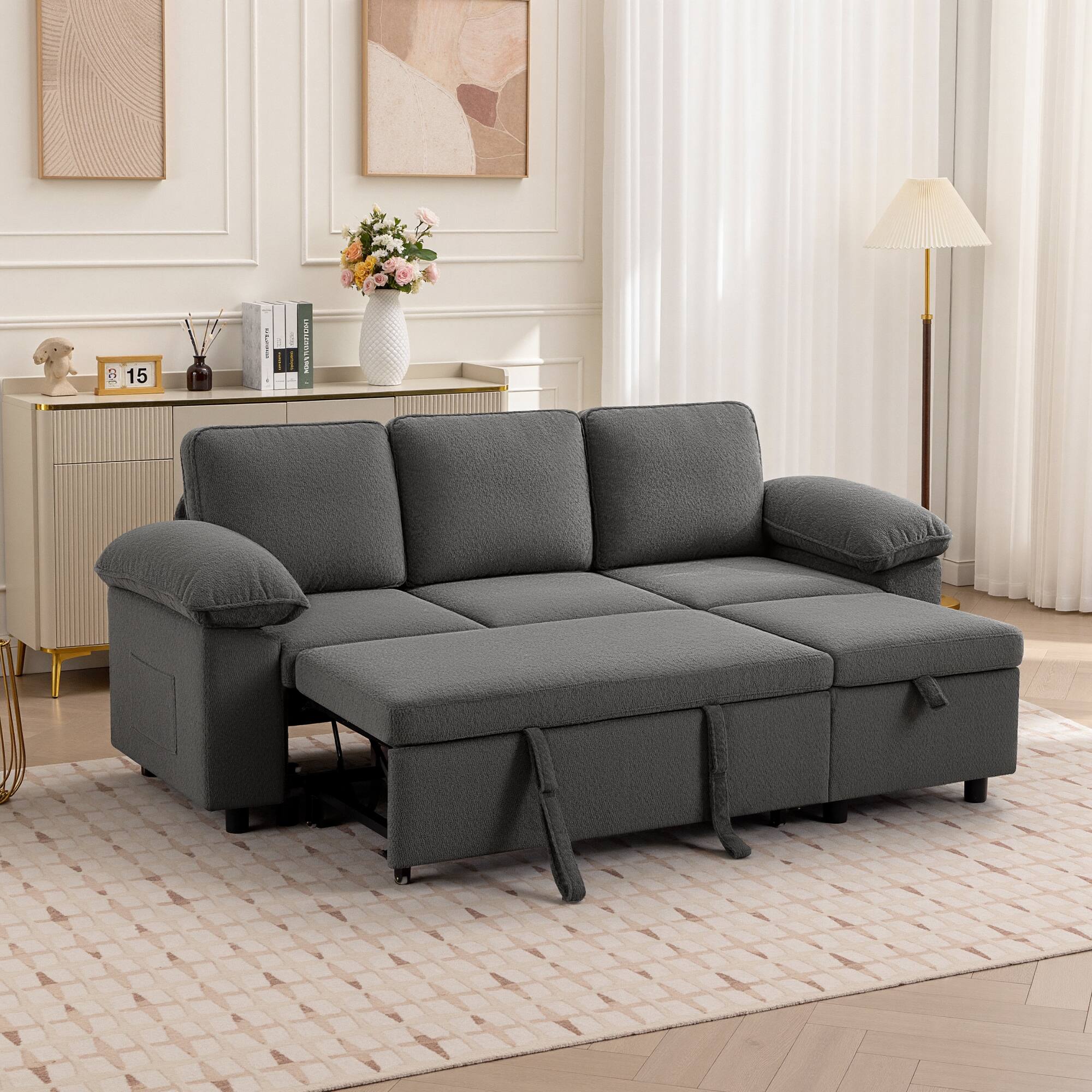 Alt View 7. KERDOM - Combined Convertible L-Shape Sofa with Storage Chaise for Living Room, Modular Sectional Sleeper Couch with Pull Out Bed - Grey-C.