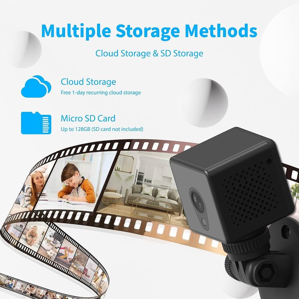 Multiple Storage Methods  
Cloud Storage & SD Storage  

Cloud Storage  
Free 1-day recurring cloud storage  

Micro SD Card  
Up to 128GB (SD card not included)