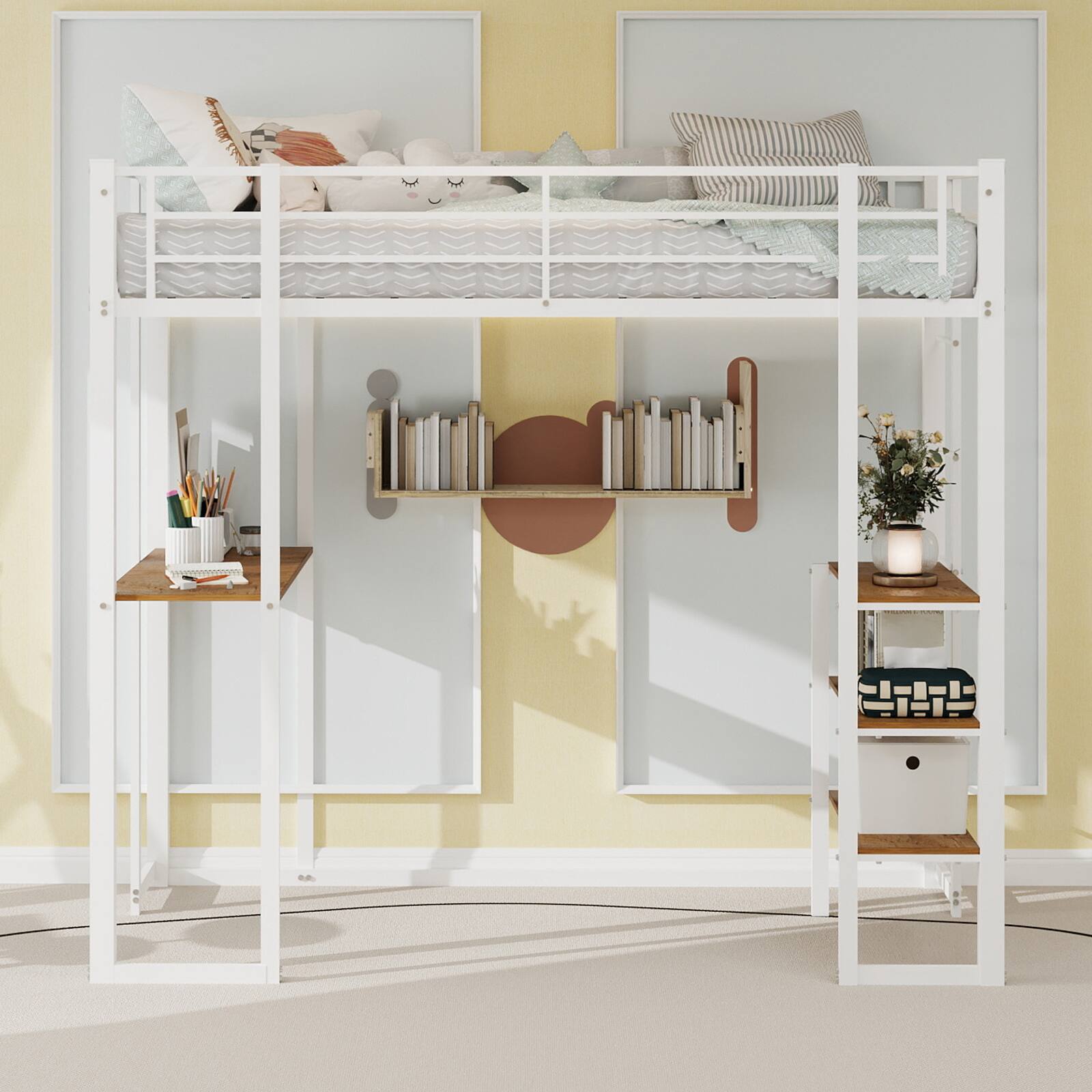 Angle. Loheer - Loheer Twin Loft Bed with Desk and Storage Shelves Modern White Metal Wood Space Saving Frame for Small Rooms - White.