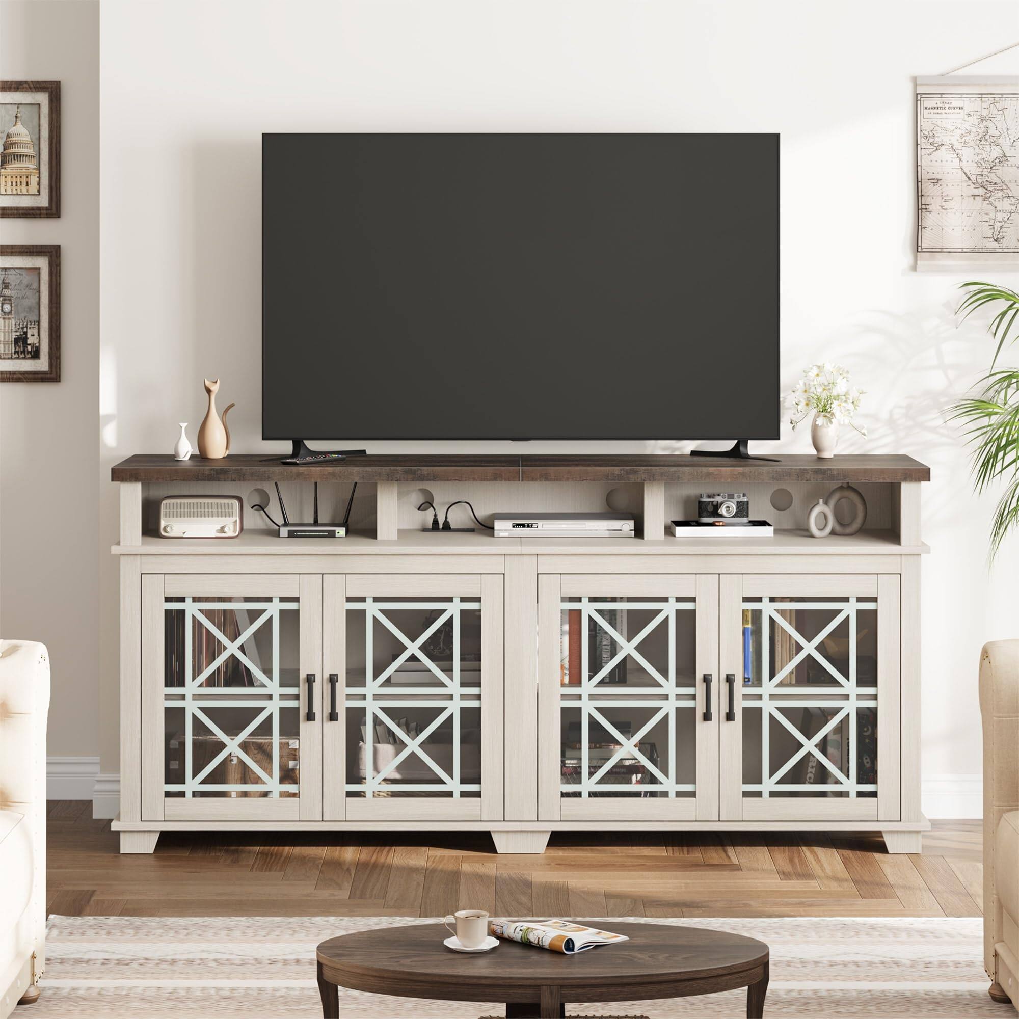 Angle. GAOMON - GAOMON 71" Farmhouse TV Stand for 80" TV, Mid-Century Modern Media Console with Glass Doors & Storage - White.