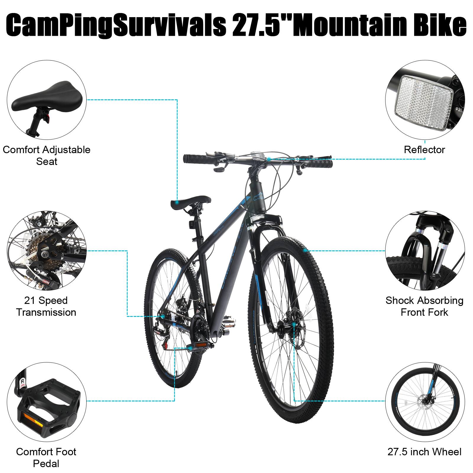 Back. Winado - 27.5 inch Men & Women Mountain Bike with 21-Speed Adult Bikes,Outdoor Double Disc Brake, Suspension Fork - Black & Blue.