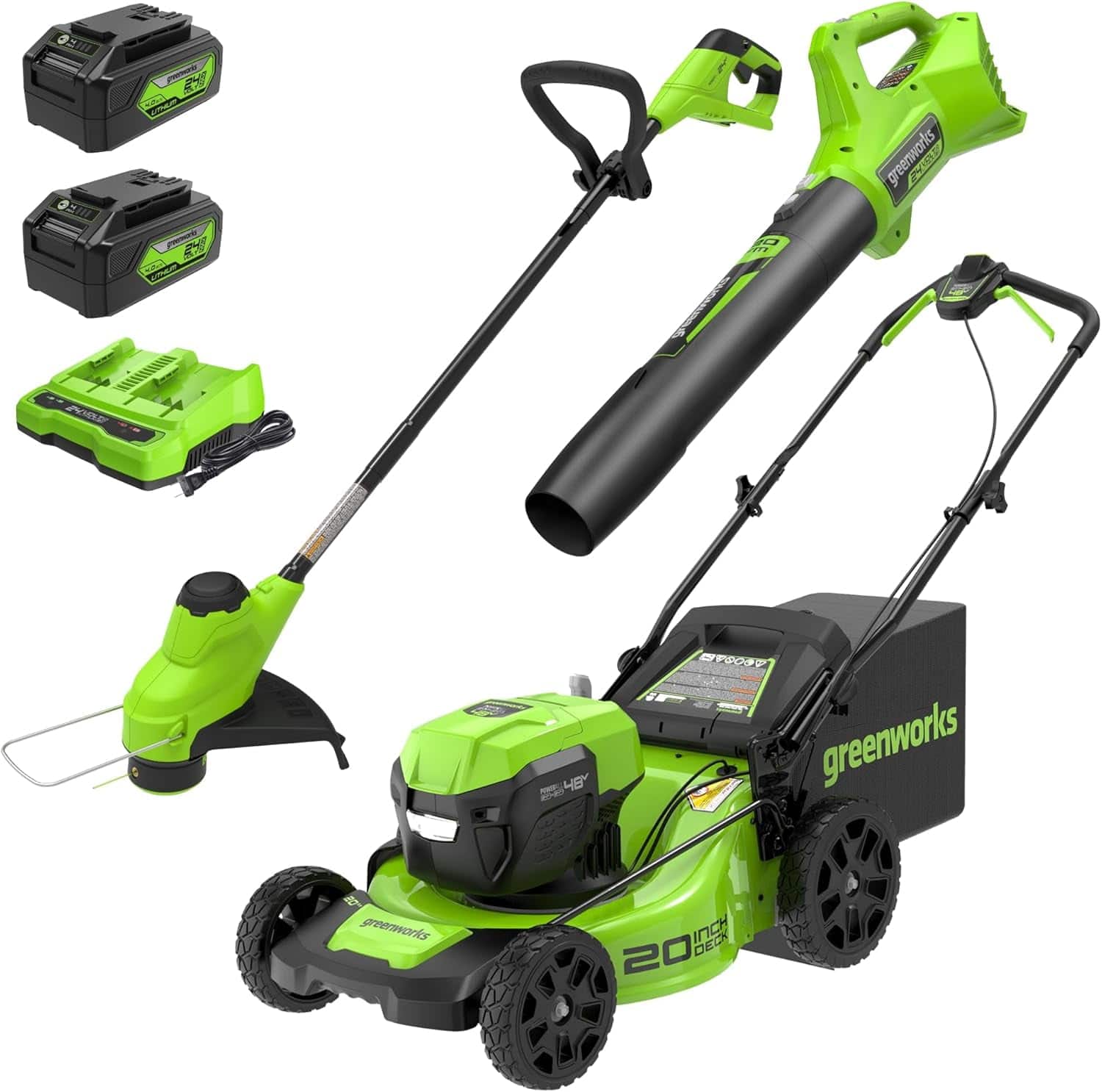 Greenworks - 48V (24V x 2) 20" Cordless Push Lawn Mower + Blower+ 12" String Trimmer, Batteries and Charger Included - Green