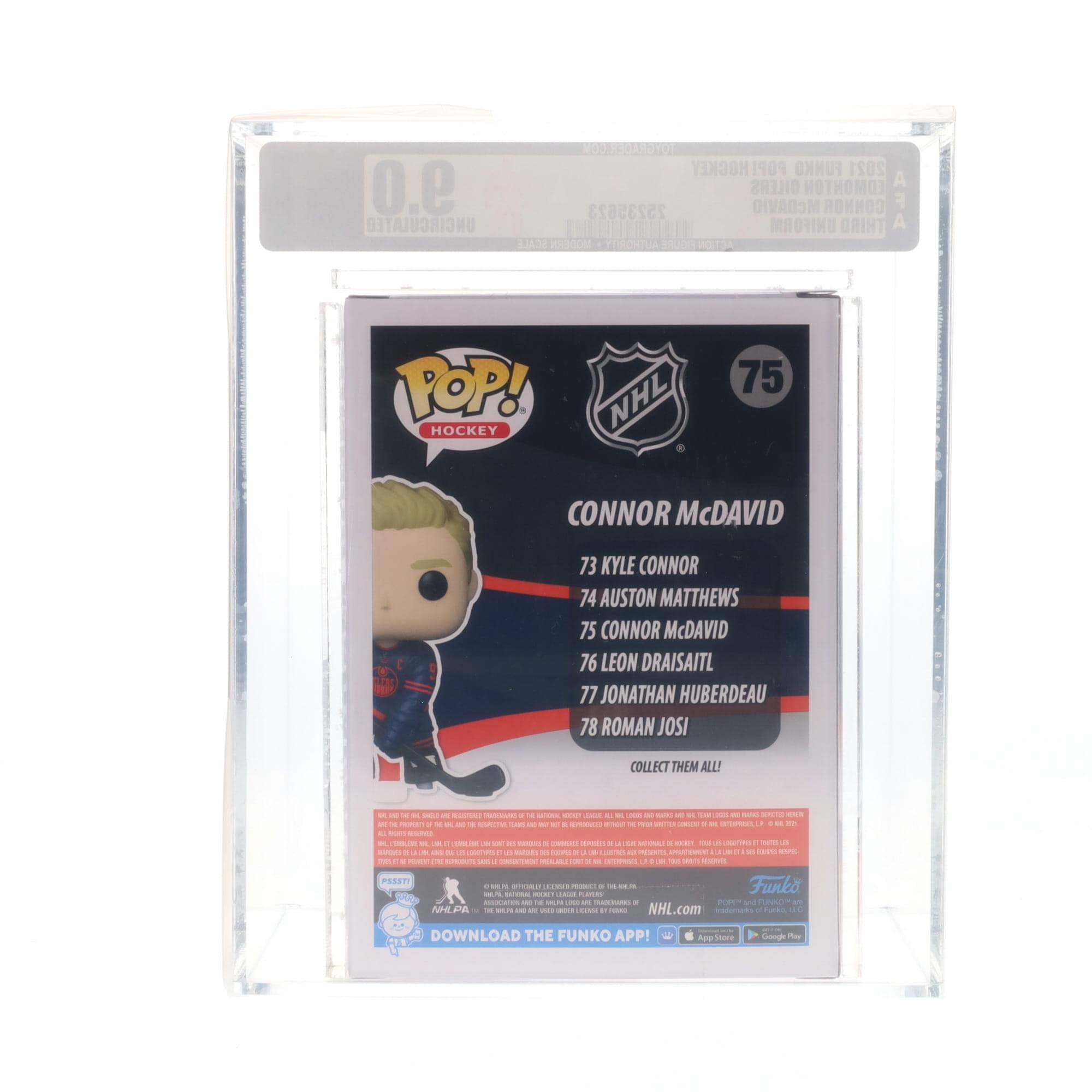 Sure, here is the corrected and grouped text from the image:

---

**Top Left:**
- POP! HOCKEY
- NHL 75

**Center:**
- CONNOR McDAVID
- 73 KYLE CONNOR
- 74 AUSTON MATTHEWS
- 75 CONNOR McDAVID
- 76 LEON DRAISAITL
- 77 JONATHAN HUBERDEAU
- 78 ROMAN JOSI
- COLLECT THEM ALL!

**Bottom Left:**
- PRESTIGE
- NHLPA
- DOWNLOAD THE FUNKO APP!
- NHL.com
- Apple App Store
- Google Play

**Bottom Right:**
- Funko
- NHL.com

**Top Right:**
- 0.0
- @STABORIONU
- A3
- A
- A
- A
- A

**Bottom Right (on the card):**
- COLLECT THEM ALL!

**Additional Text:**
- MOSEDARDYOT ou HOCKEY POP! 2021 9.0 OILERS EDMONTON 2523