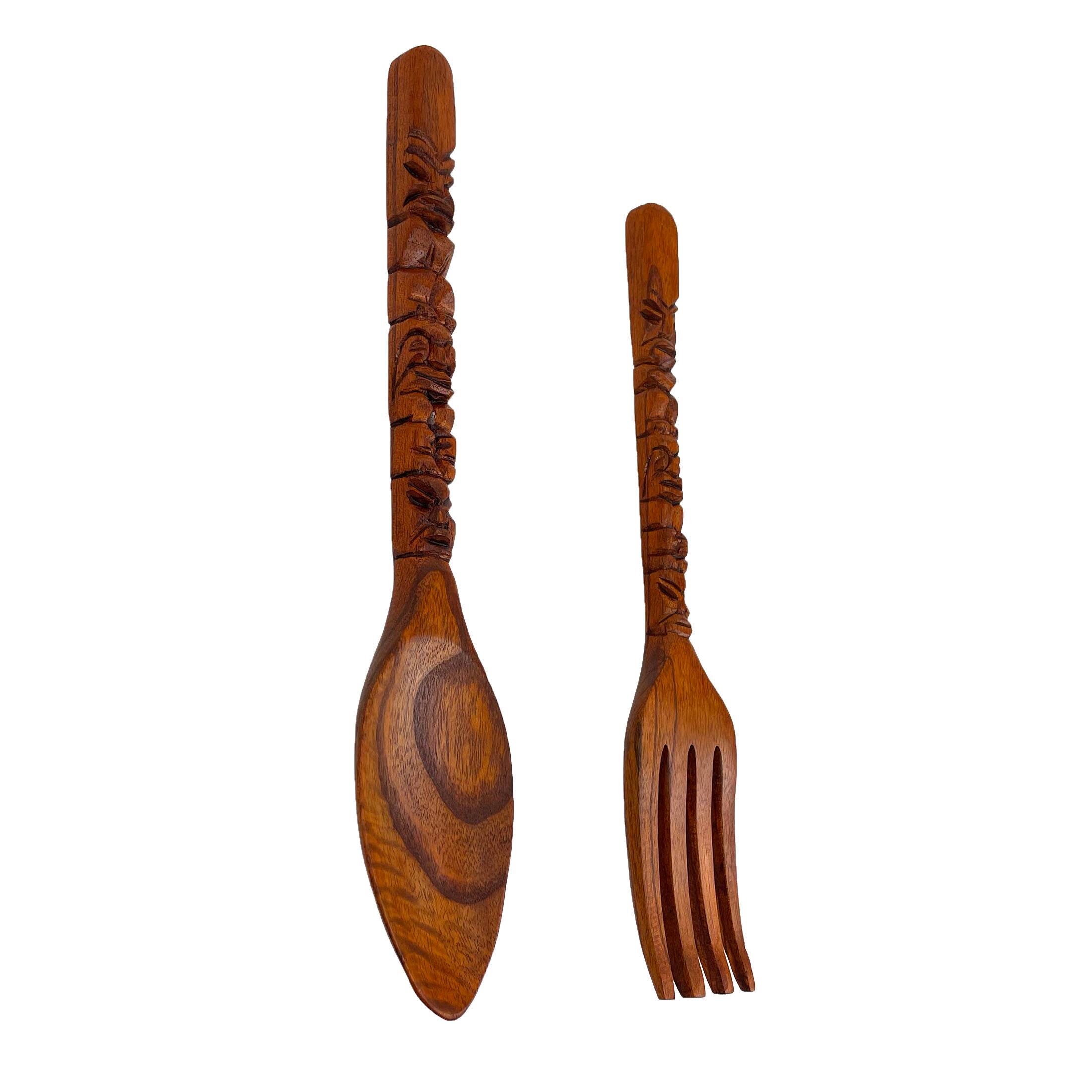 Alt View 1. Zeckos - 16 Inch Carved Tiki Spoon & Fork Wooden Wall Decor Art Utensil Decoration Set - Brown.