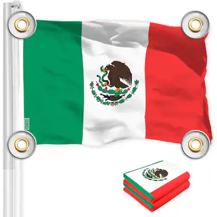 Front. G128 - G128 Mexico Flag 2-Pack 3x5 Ft 150D Polyester Indoor/Outdoor 4 Brass Grommets - Green, White, Red.