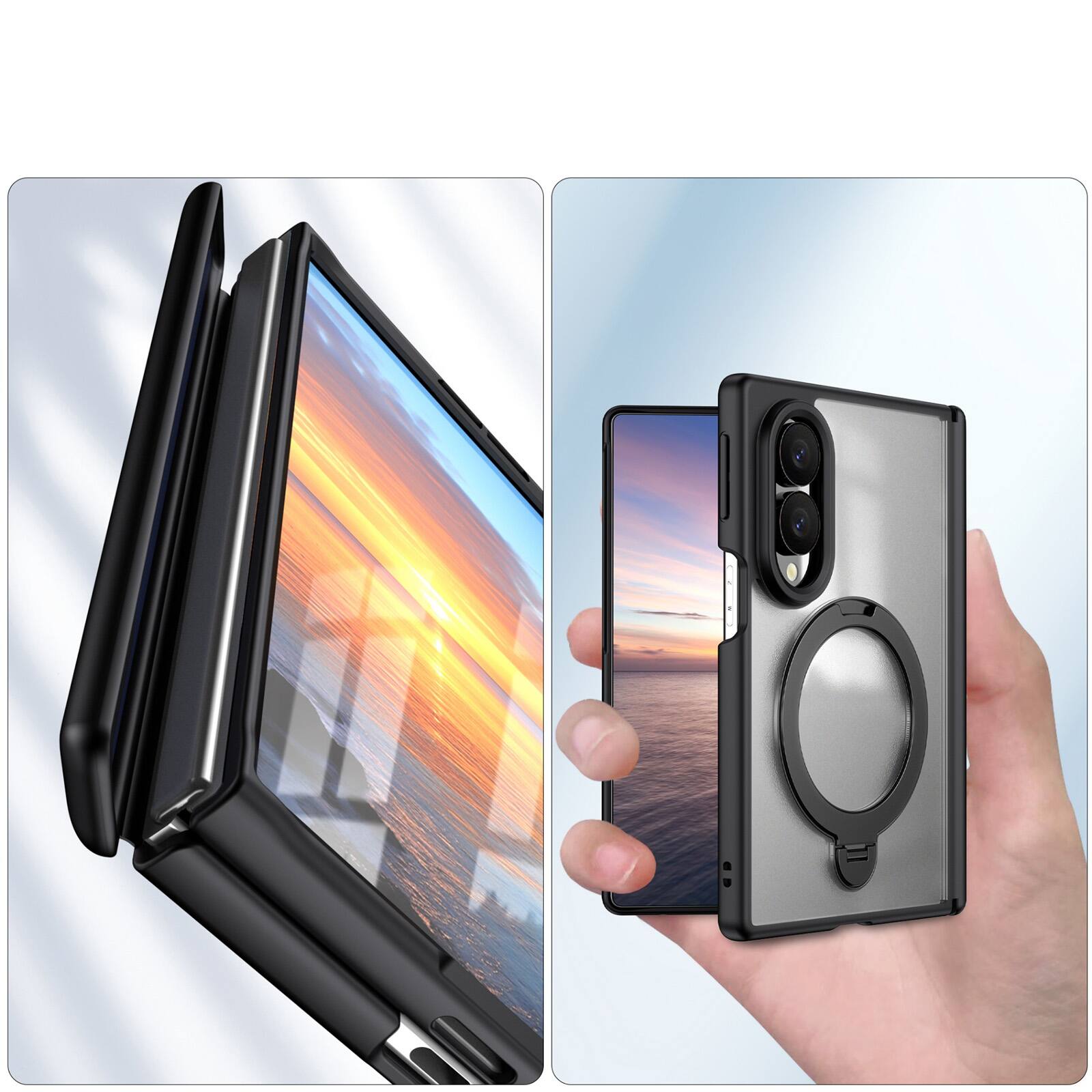 Back. Dteck - For Samsung Galaxy Z Fold8 Magnetic Case Built-in Screen Protector,Shockproof Ring Stand Clear Back Hinge Protect Cover - Black.