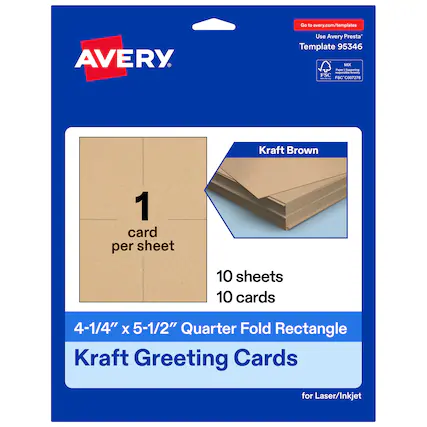 Go to avery.com/templates
Use Avery Presta Template 95346
Kraft Brown
1 card per sheet
10 sheets
10 cards
4-1/4" x 5-1/2" Quarter Fold Rectangle Kraft Greeting Cards for Laser/Inkjet