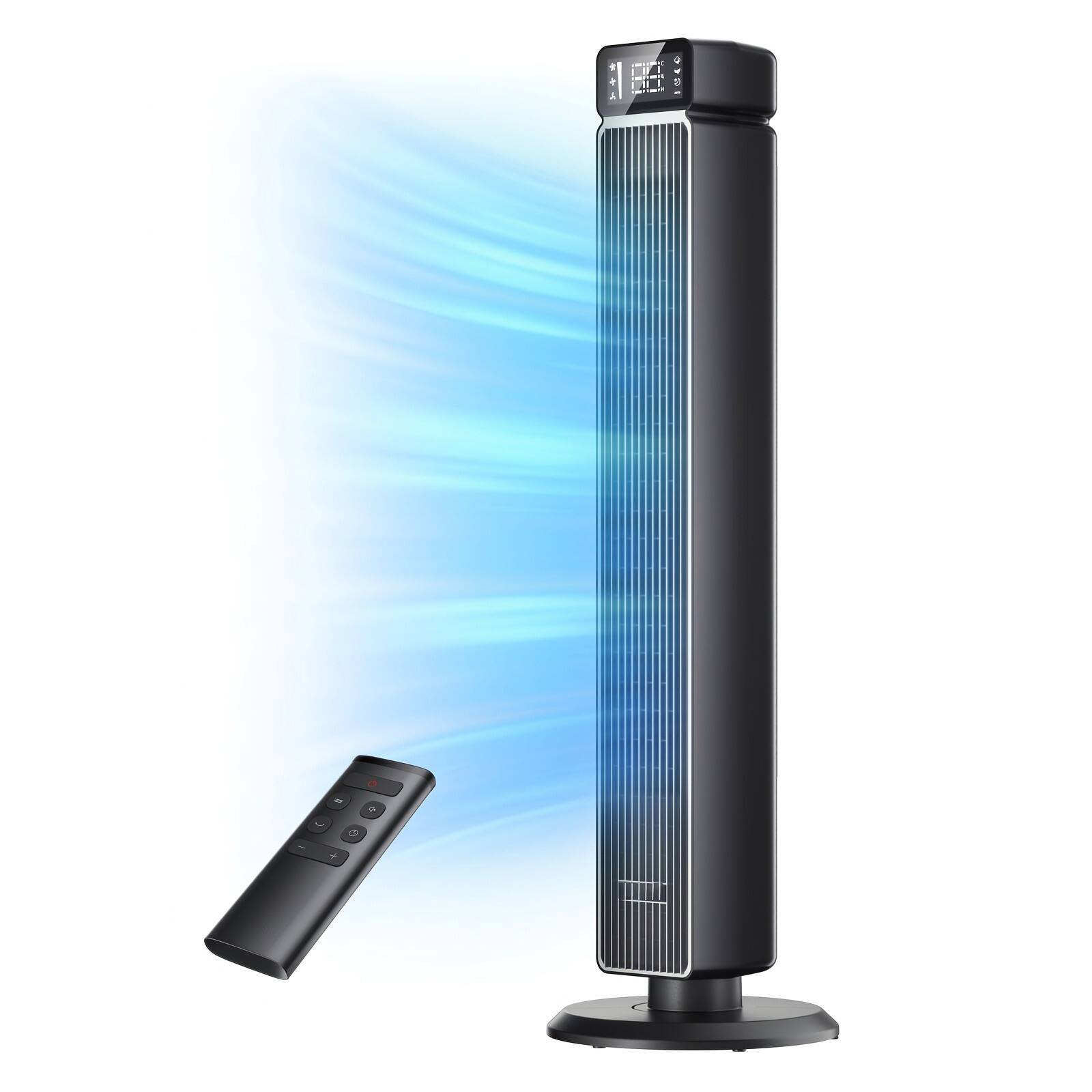 GlowWise - 40 Inch Modern Bladeless Tower Fan, 6 Speeds, 4 Modes, 12H Timer, Large Digital Display, 90° Oscillating, 30dB Quiet - Black