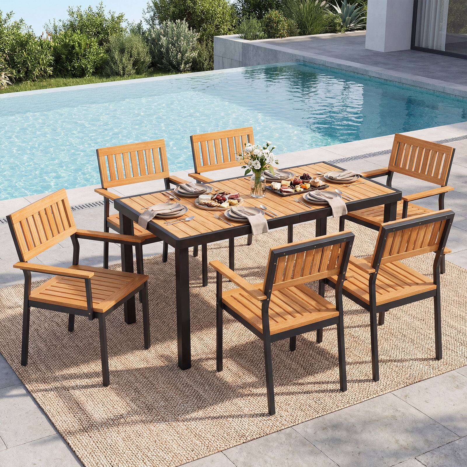 Alt View 7. Gymax - Gymax Acacia Wood Outdoor Dining Table Rectangular Patio Table w/ 1.97'' Umbrella Hole - Black.