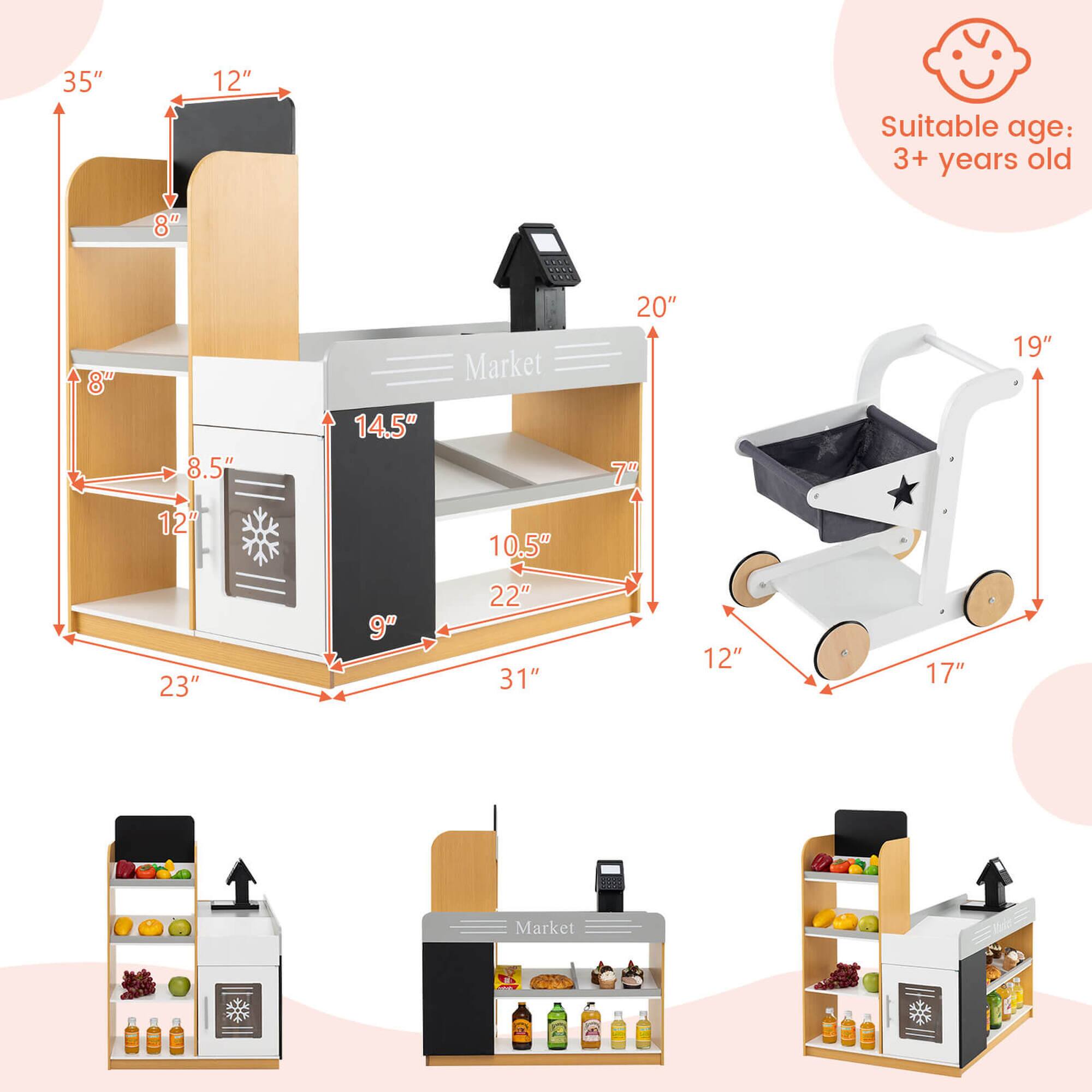 Sure, here is the corrected and grouped text from the image:

- **Dimensions:**
  - 35" (height)
  - 12" (width)
  - 8" (shelf height)
  - 8" (shelf height)
  - 8.5" (width)
  - 14.5" (height)
  - 10.5" (width)
  - 22" (depth)
  - 31" (width)
  - 23" (depth)
  - 20" (width)
  - 7" (depth)
  - 19" (height)
  - 12" (width)
  - 17" (height)

- **Suitable age:**
  - 3+ years old

- **Brand:**
  - Market