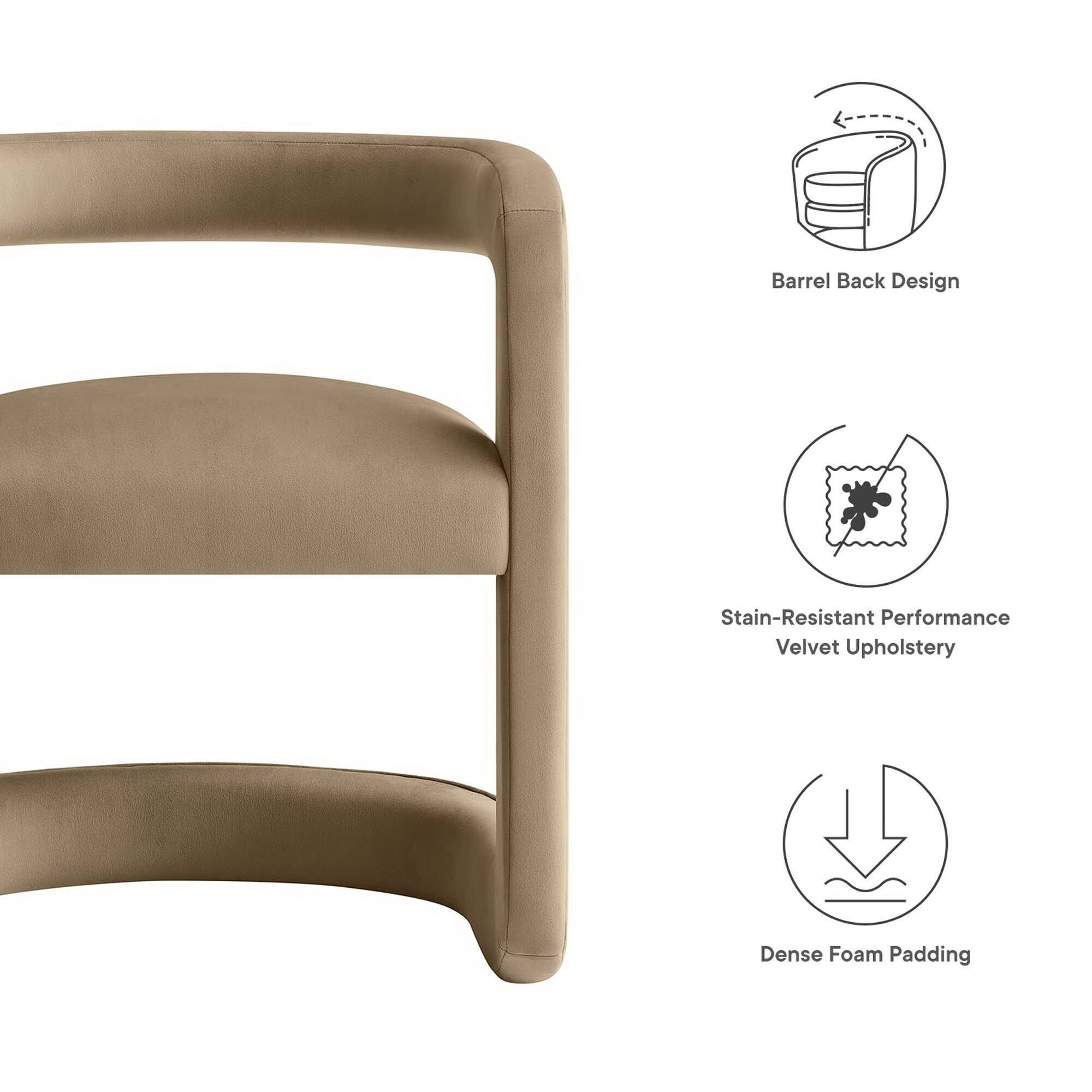 - Barrel Back Design
- Stain-Resistant Performance Velvet Upholstery
- Dense Foam Padding