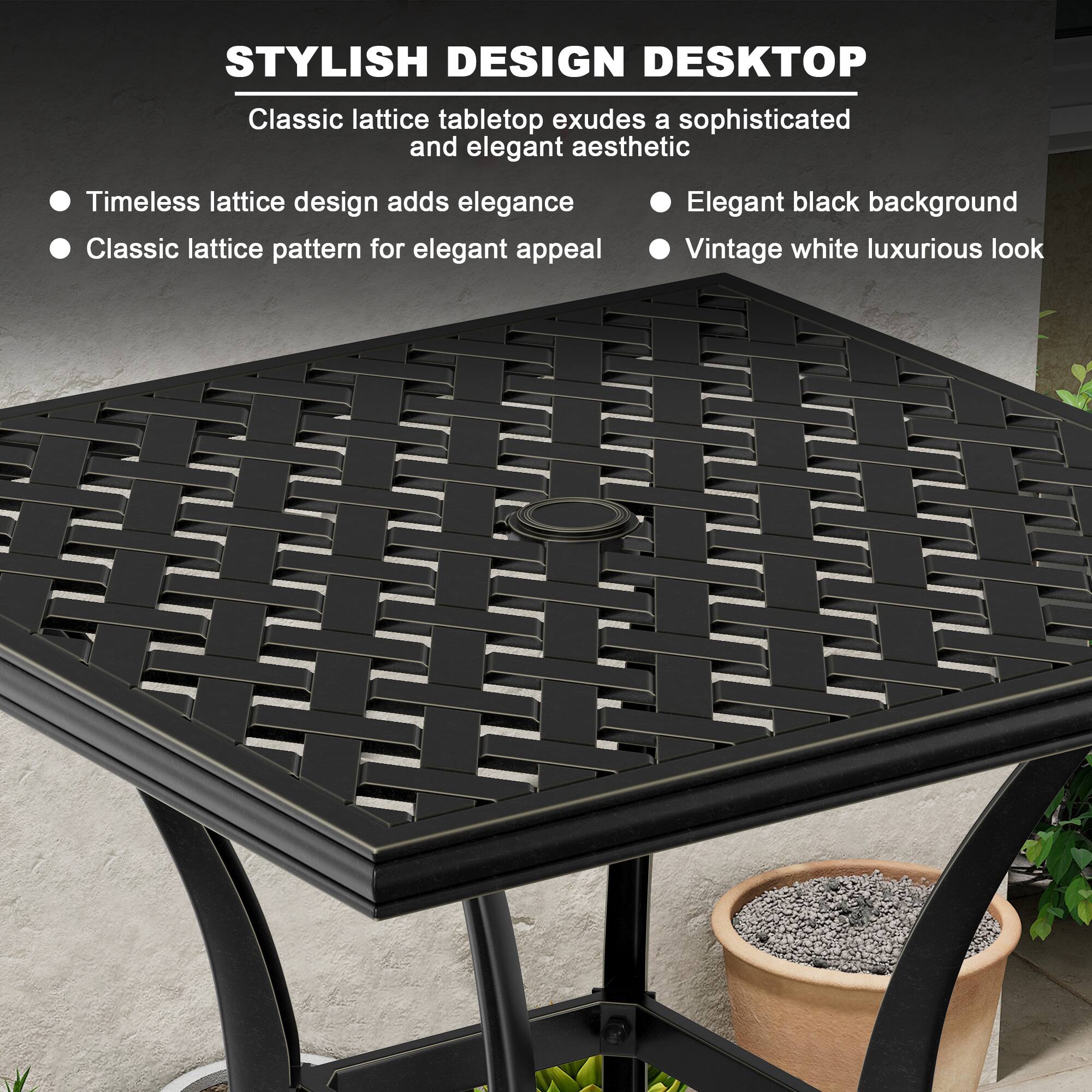 STYLISH DESIGN DESKTOP

Classic lattice tabletop exudes a sophisticated and elegant aesthetic

- Timeless lattice design adds elegance
- Classic lattice pattern for elegant appeal
- Elegant black background
- Vintage white luxurious look