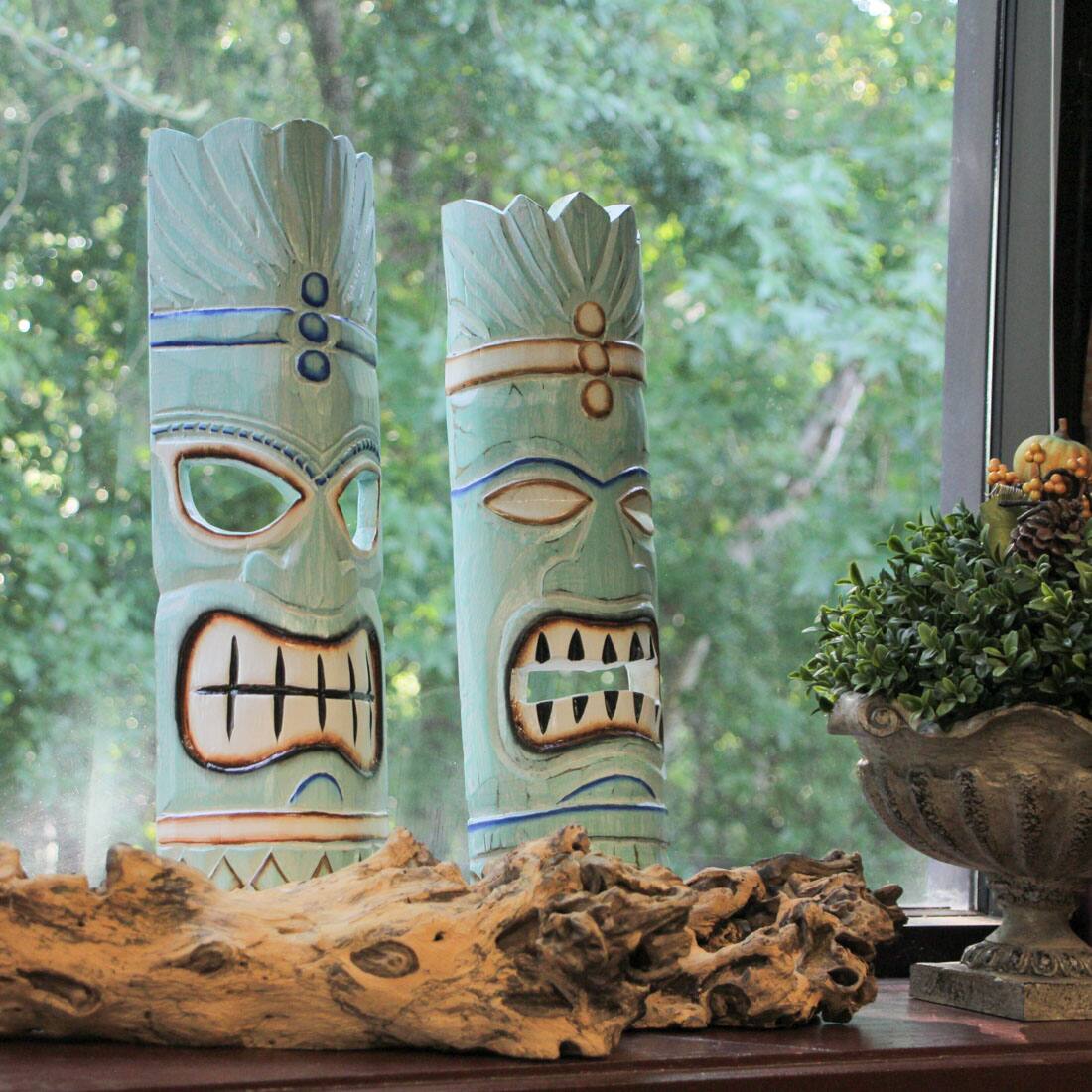 Alt View 10. Things2Die4 - Handcrafted Aqua Blue Traditional Polynesian Style Wooden Tiki Mask Wall Hangings – 20 Inches High - Set of 2 - Blue.