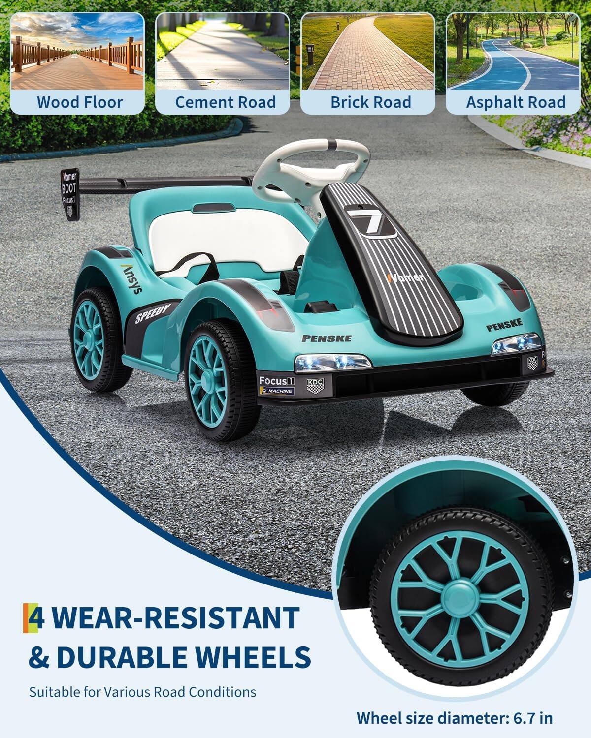 Wood Floor  
Cement Road  
Brick Road  
Asphalt Road  

4 WEAR-RESISTANT & DURABLE WHEELS  
Suitable for Various Road Conditions  

Wheel size diameter: 6.7 in