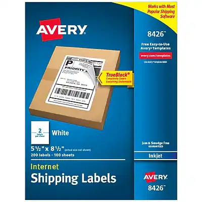 AVERY
Works with Most Popular Shipping Software
8426
Free Easy-to-Use Avery Templates
avery.com/templates
TrueBlock
Completely Covers Everything Underneath
White
2 Sheets
5½" x 8½" (actual size shown)
200 labels - 100 sheets
Internet Shipping Labels
Jam & Smudge Free GUARANTEED Inkjet
AVERY
8426