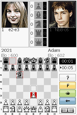 1. e2-e3  
1. Nb8-c6  
2021  
Elo: 600  
Adam  
Elo: 602  
00:01  
00:05