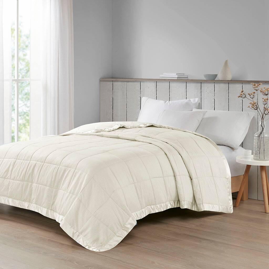 Alt View 1. Gracie Mills - Gracie Mills Lucile Textured Oversized Down Alternative Blanket with Satin Trim - Ivory.