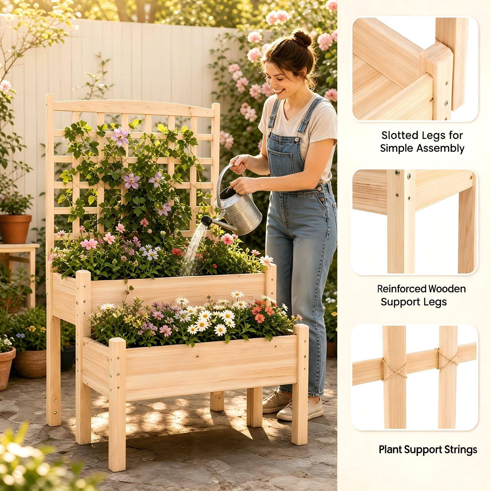 Slotted Legs for Simple Assembly  
Reinforced Wooden Support Legs  
Plant Support Strings