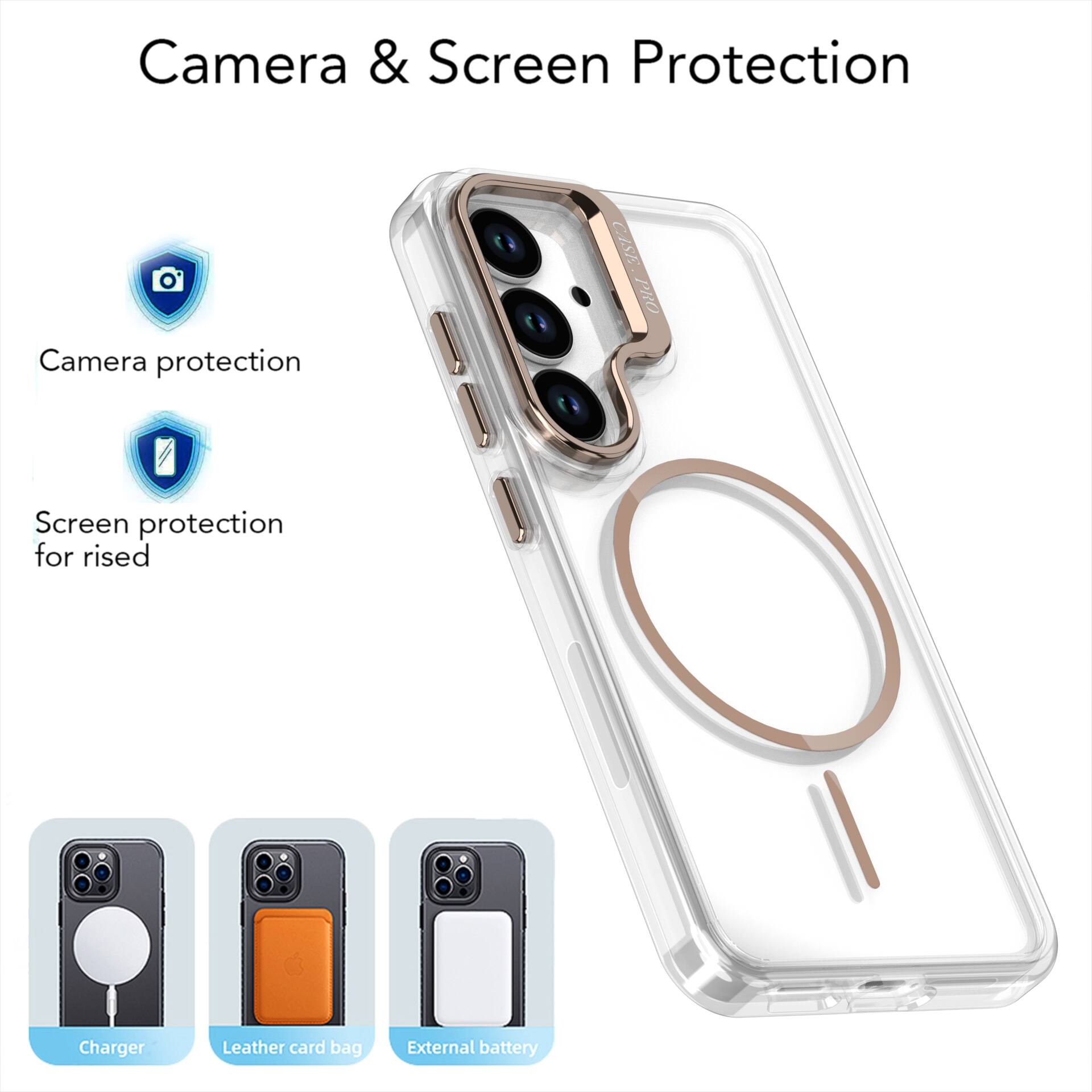 Camera & Screen Protection

- Camera protection
- Screen protection for raised

- Charger
- Leather card bag
- External battery