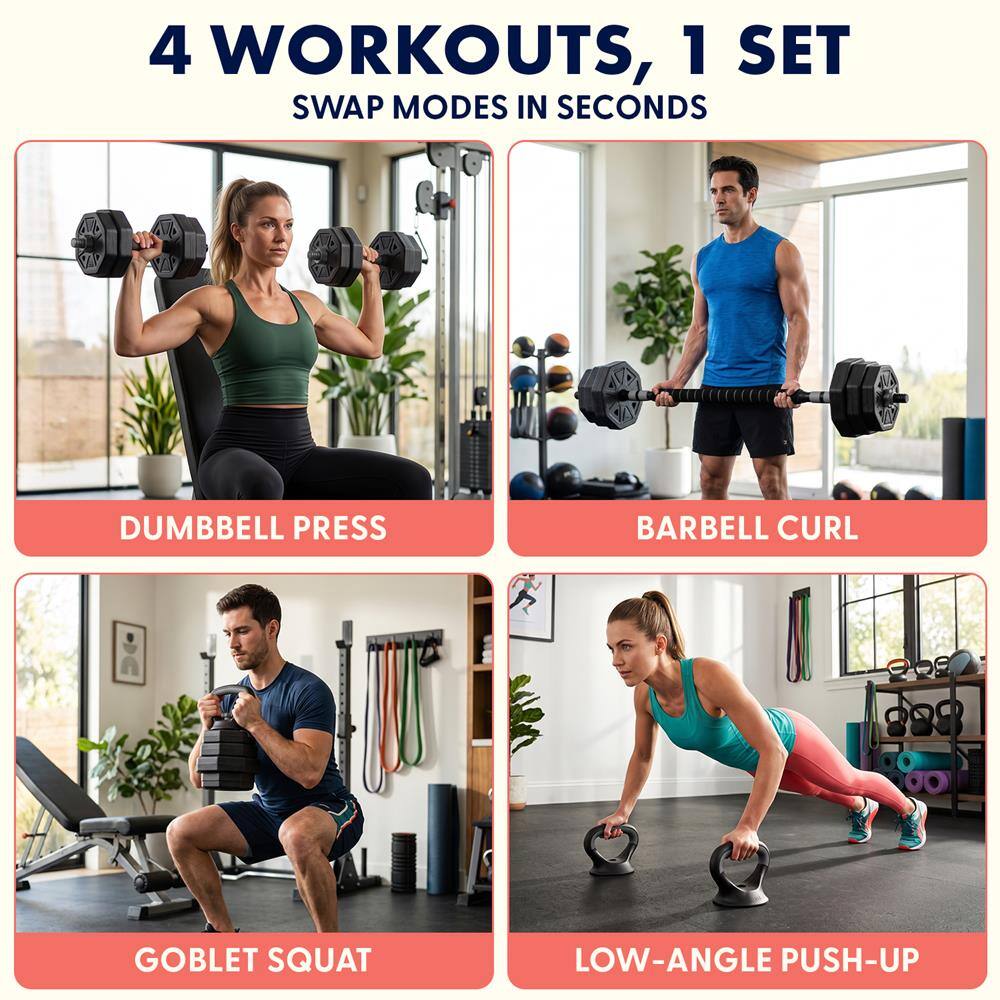 4 WORKOUTS, 1 SET  
SWAP MODES IN SECONDS

- DUMBBELL PRESS
- BARBELL CURL
- GOBLET SQUAT
- LOW-ANGLE PUSH-UP