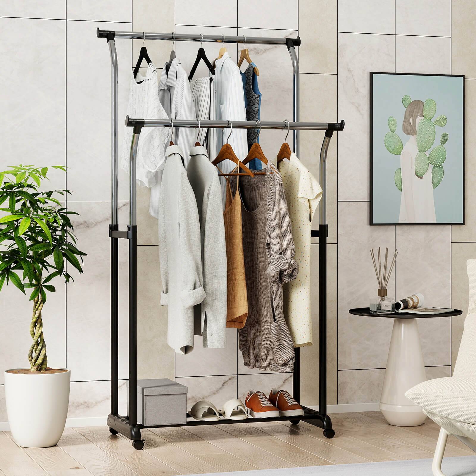 Alt View 5. Costway - Costway Rolling Clothes Rack with Adjustable Height, Heavy-Duty Metal Rack for Laundry - Silver.