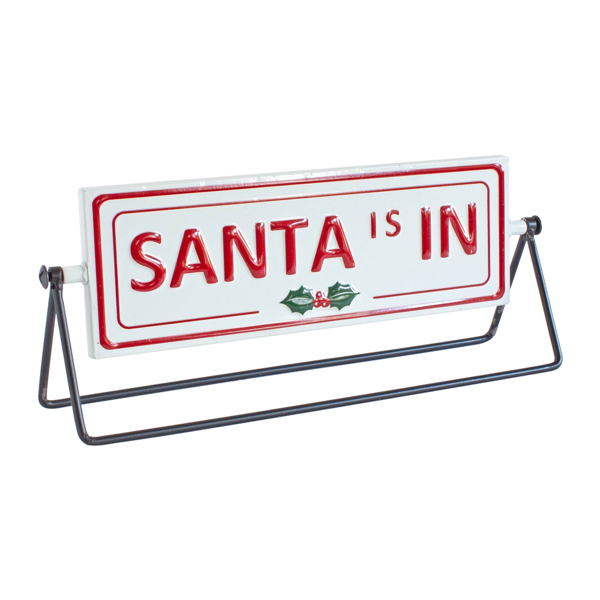 Left. BreeBe - Reversible Christmas Sentiment Metal Table Sign (Set of 2) - Red, White.