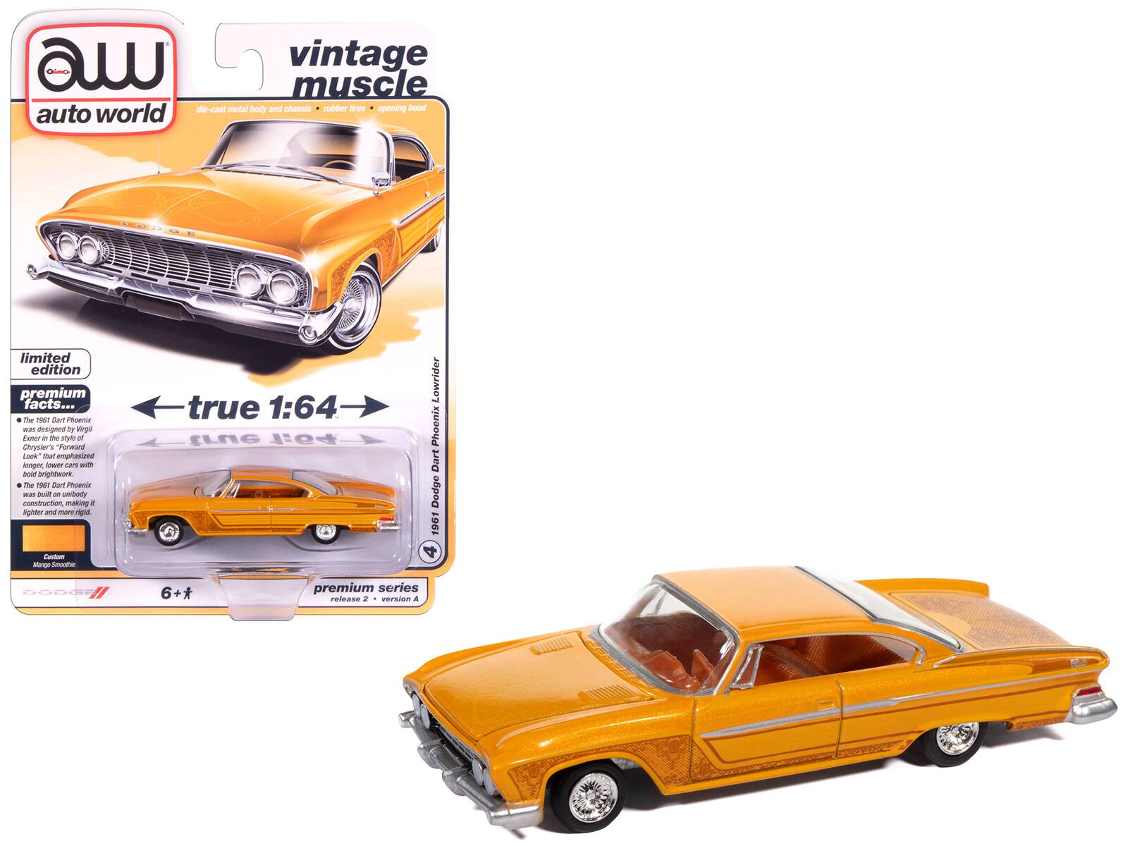 **Vintage Muscle**

**Auto World**

- Die-cast metal body and chassis
- Rubber tires
- Opening hood

**Limited Edition Premium Facts...**

- The 1961 Dart Phoenix was designed by Virgil Exner in the style of Chrysler's "Forward Look" that emphasized longer, lower cars with a more aggressive stance.
- The 1961 Dart Phoenix was built on unibody construction, making it lighter and more rigid.

**1961 Dart Phoenix**

- Custom: Mango Smoothie
- True 1:64
- Premium series release 2
- Version A

**6+**