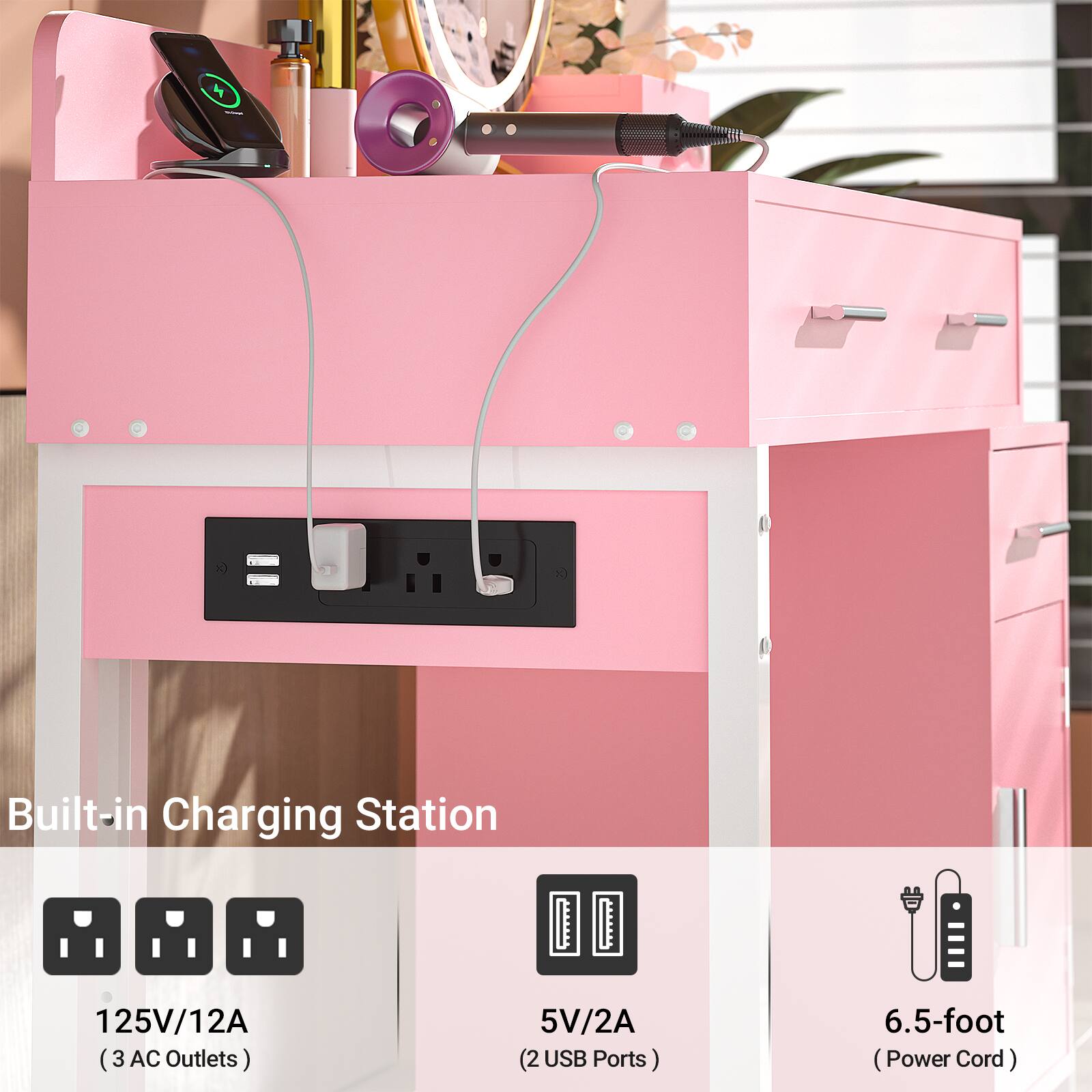4 - Built-in Charging Station  
125V/12A (3 AC Outlets)  
5V/2A (2 USB Ports)  
6.5-foot (Power Cord)